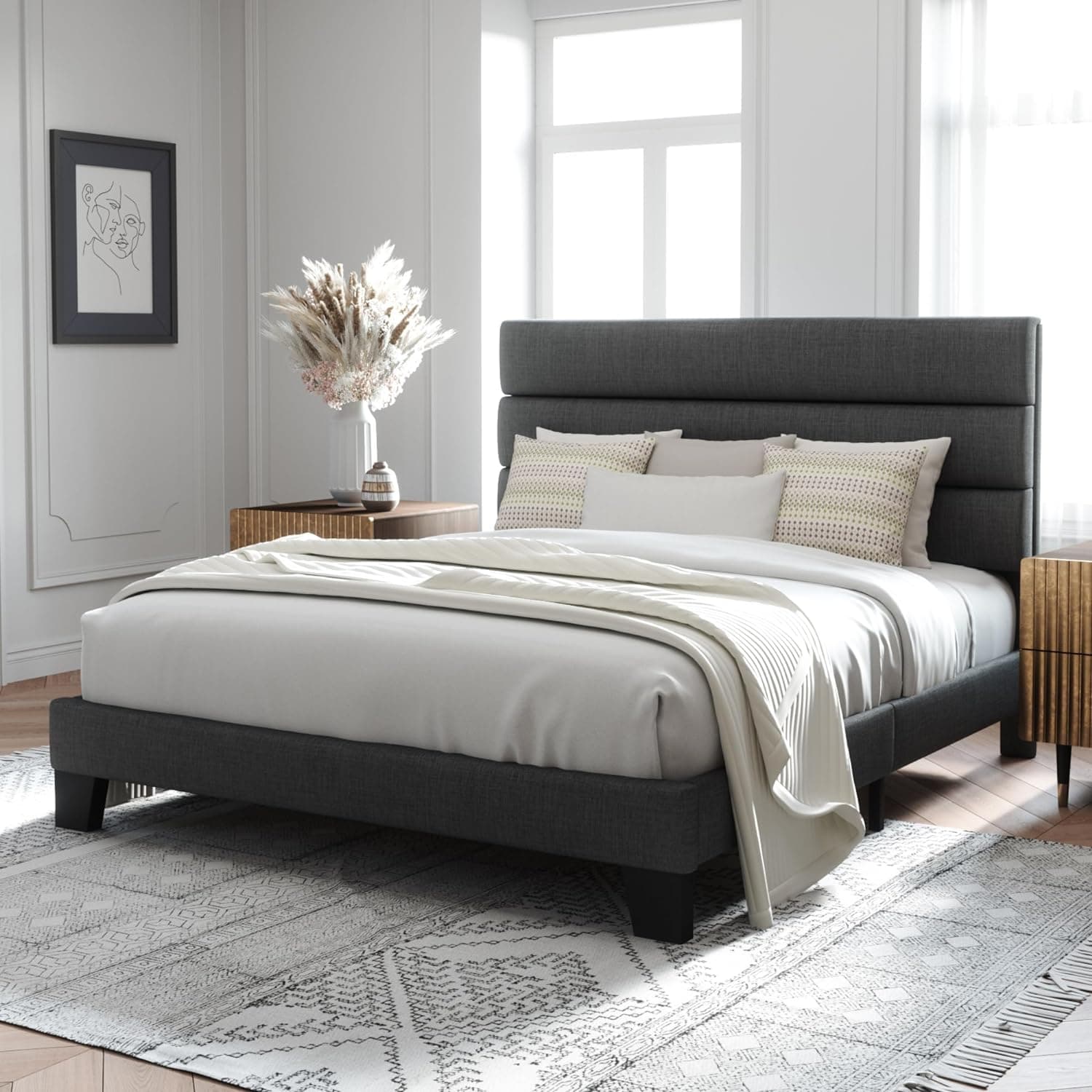 Allewie Queen Size Platform Bed Frame with Fabric Upholstered Headboard and Wooden Slats Support, Fully Upholstered Mattress Foundation/No Box Spring Needed/Easy Assembly, Dark Grey Dark Grey Queen - Image 4
