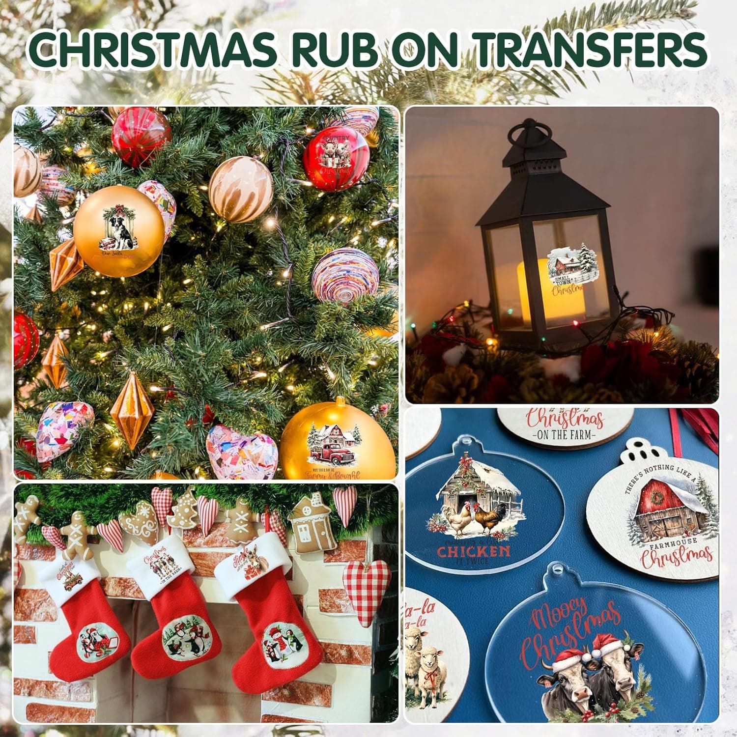 24 Sheets Vintage Christmas Rub On Transfers for Crafts, Rub On Transfers Christmas for Wood，Furniture Decals, Glass, Porcelain, Leather, Canvas, Fabric Projects,3 * 3inch(Farm Christmas) Cottage farm Christmas - Image 4