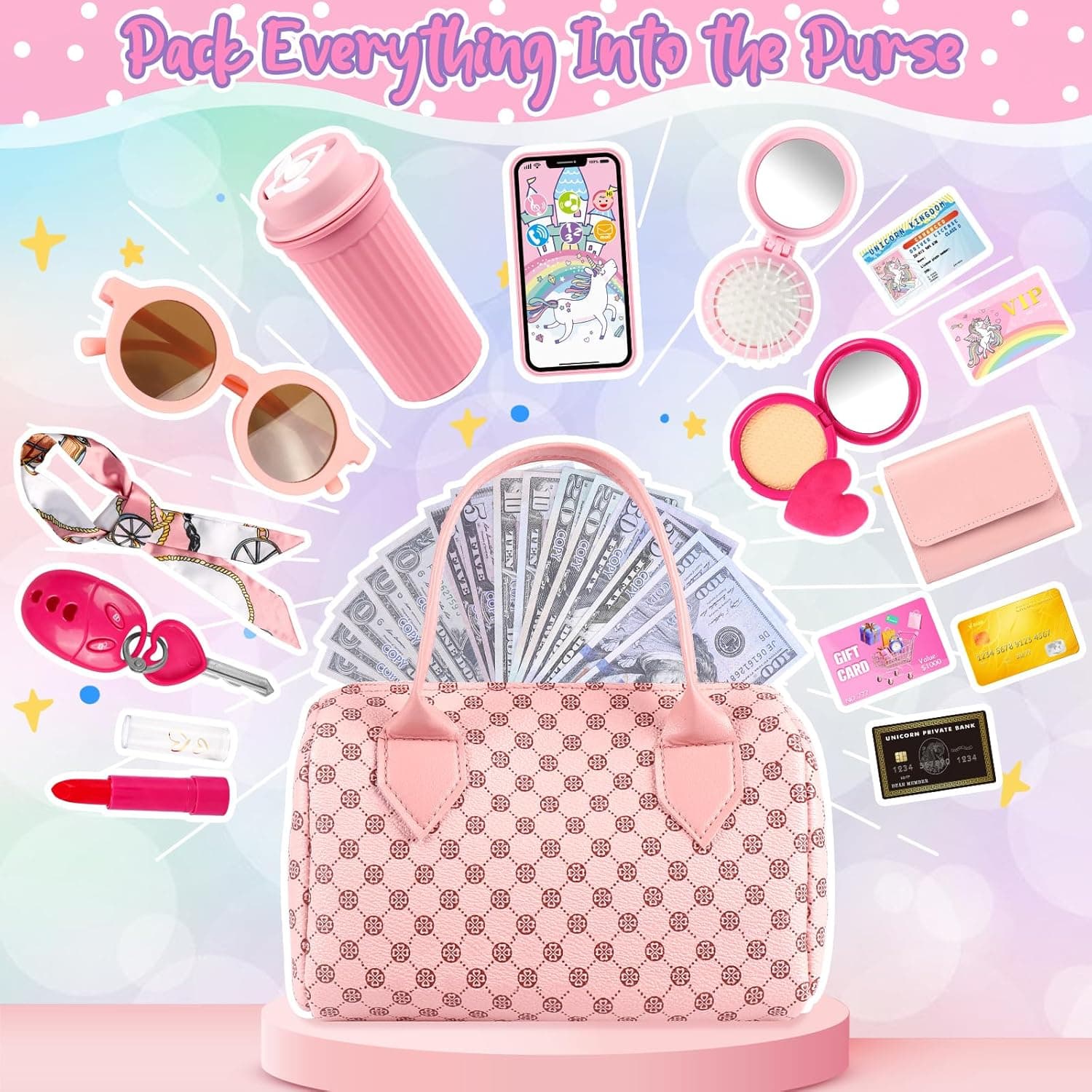 Bolsa de Juego para Niñas Pequeñas, Set de 32PCS de Bolsa para Niños con Maquillaje de Juguete, Juguetes de Princesa Incluye Bolso, Teléfono, Reloj de Pulsera, Bufanda de Seda, Regalo de Cumpleaños para Niñas de 3 a 6 Años - Image 6