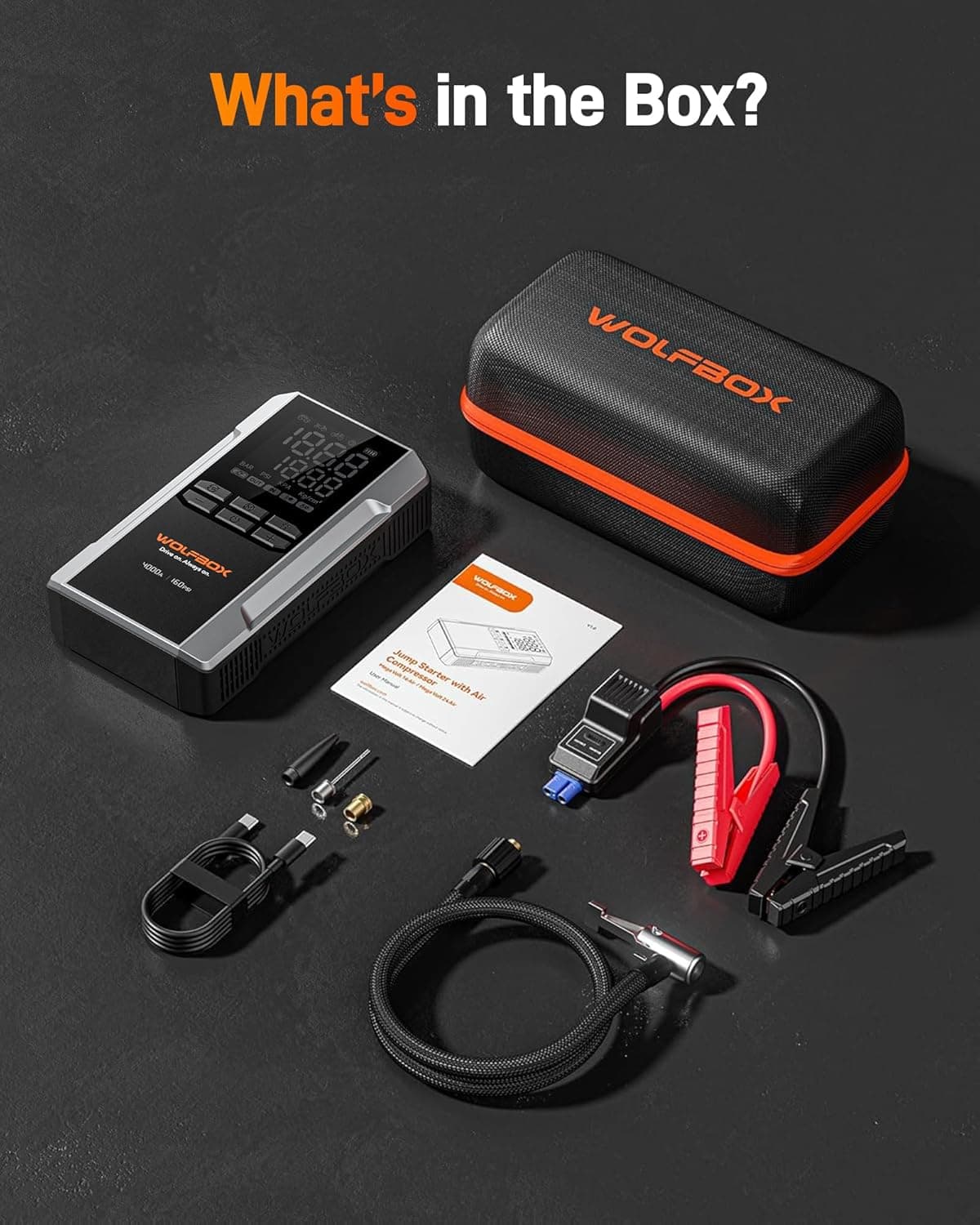 WOLFBOX 4000A Jump Starter with 160PSI Air Compressor, 12V Car Battery Booster, 65W Fast Charge, 88.8Wh Portable Tire Inflator, LED Display for 10L Gas & 10L Diesel Engines, LED Light, Jumper Cables 4000A&24000mAh - Image 9