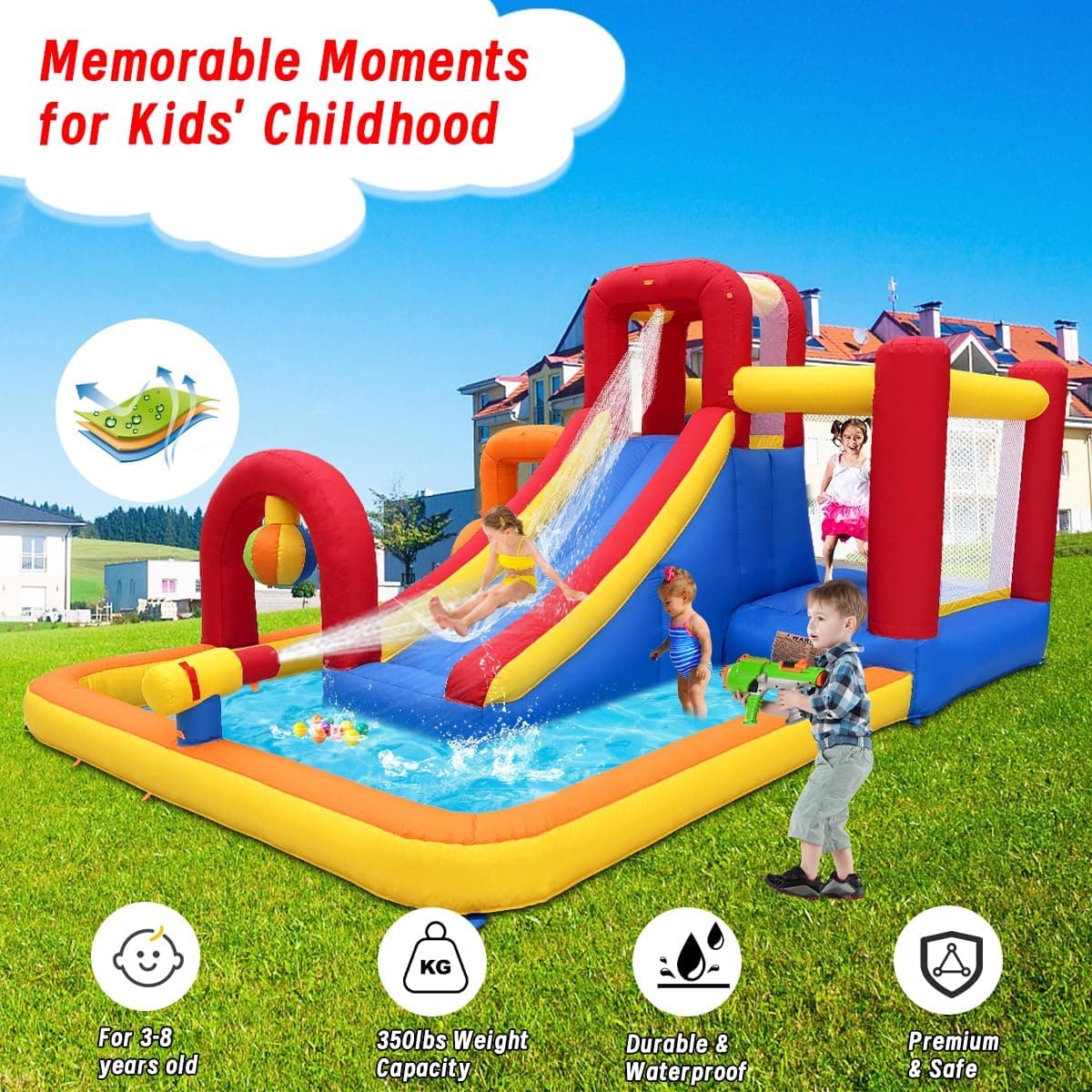 充气蹦床障碍赛道，带湿滑或干滑滑梯、球池、攀爬墙、拳击球、小型攀爬&滑梯 - 适合3-8岁儿童的后院和室内蹦床城堡 - Image 6