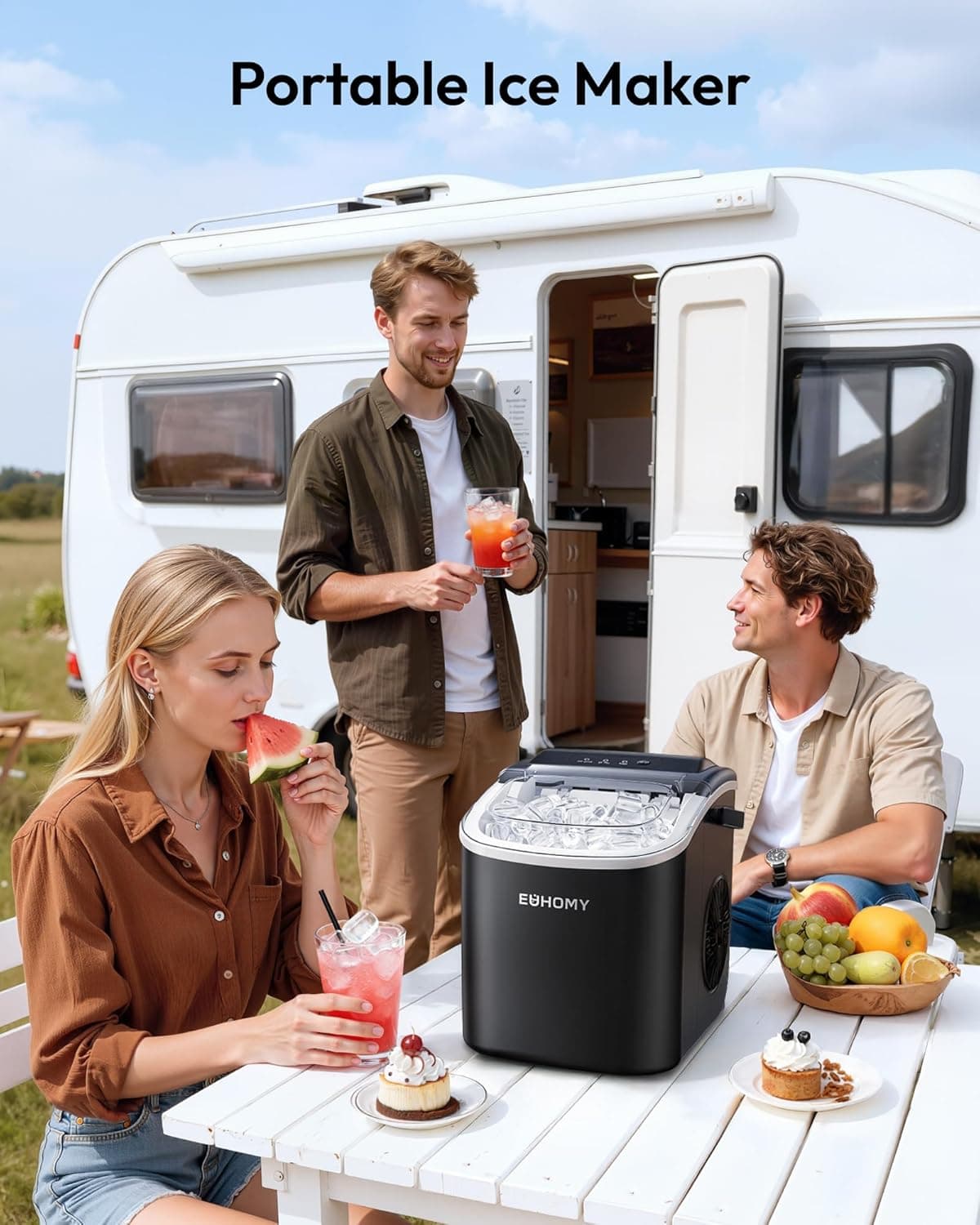 EUHOMY Countertop Ice Maker Machine with Handle, 26lbs in 24Hrs, 9 Ice Cubes Ready in 6 Mins, Auto-Cleaning Portable Ice Maker with Basket and Scoop, for Home/Kitchen/Camping/RV. (Black) ICE MACHINE 11.57"D x 11.42"W x 8.74"H Black - Image 10