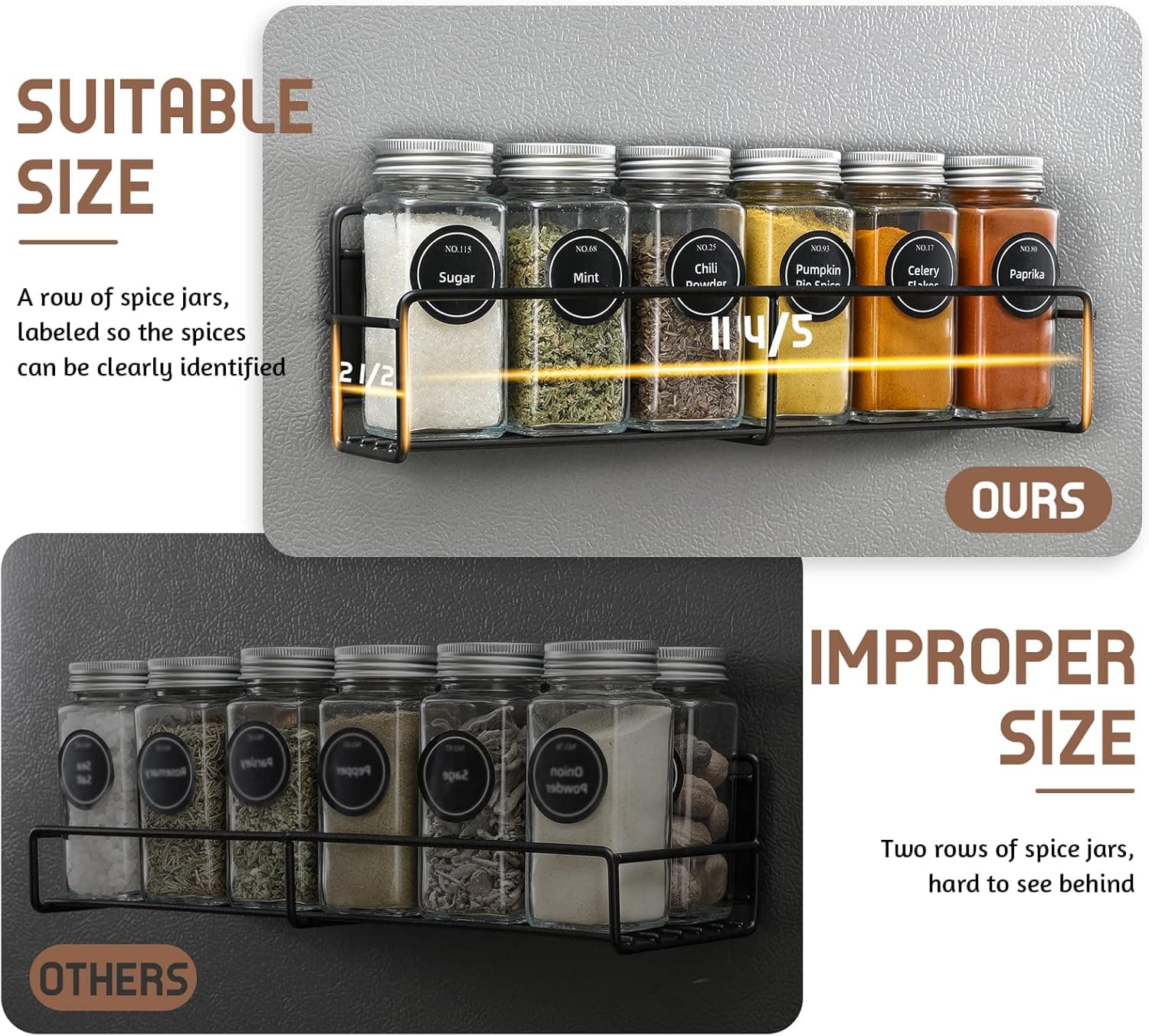 VITEVER Magnetic Spice Rack, 4 Pack, 24 Square Glass Jars with Lids, Quick-Find Pre-Printed Labels, Funnel, Space Saver, Refrigerator and Microwave Oven Organizer - Image 4