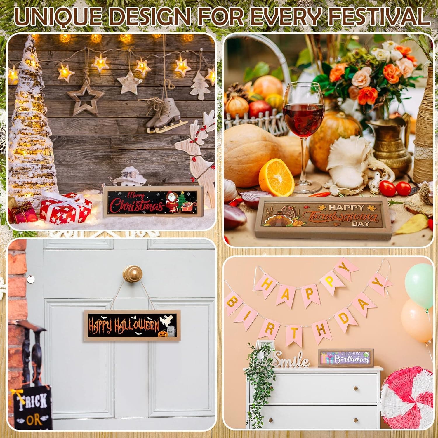 Barydat Interchangeable Season Sign Interchangeable Welcome Wood Sign for Table Decorative Seasonal Sign Decor with a Wooden Frame Wreaths for Fall Thanksgiving Halloween Autumn Decor Retro - Image 6