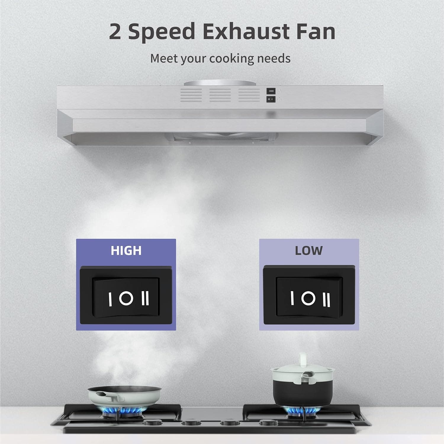 FIREGAS 30 inch Range Hood Under Cabinet, Ducted/Ductless Convertible Stainless Steel Kitchen Range Hood with Rocker Button Control, 2 Speed Exhaust Fan, 300 CFM Aluminum Filter Included Stainless Steel 30 Inch - Image 4