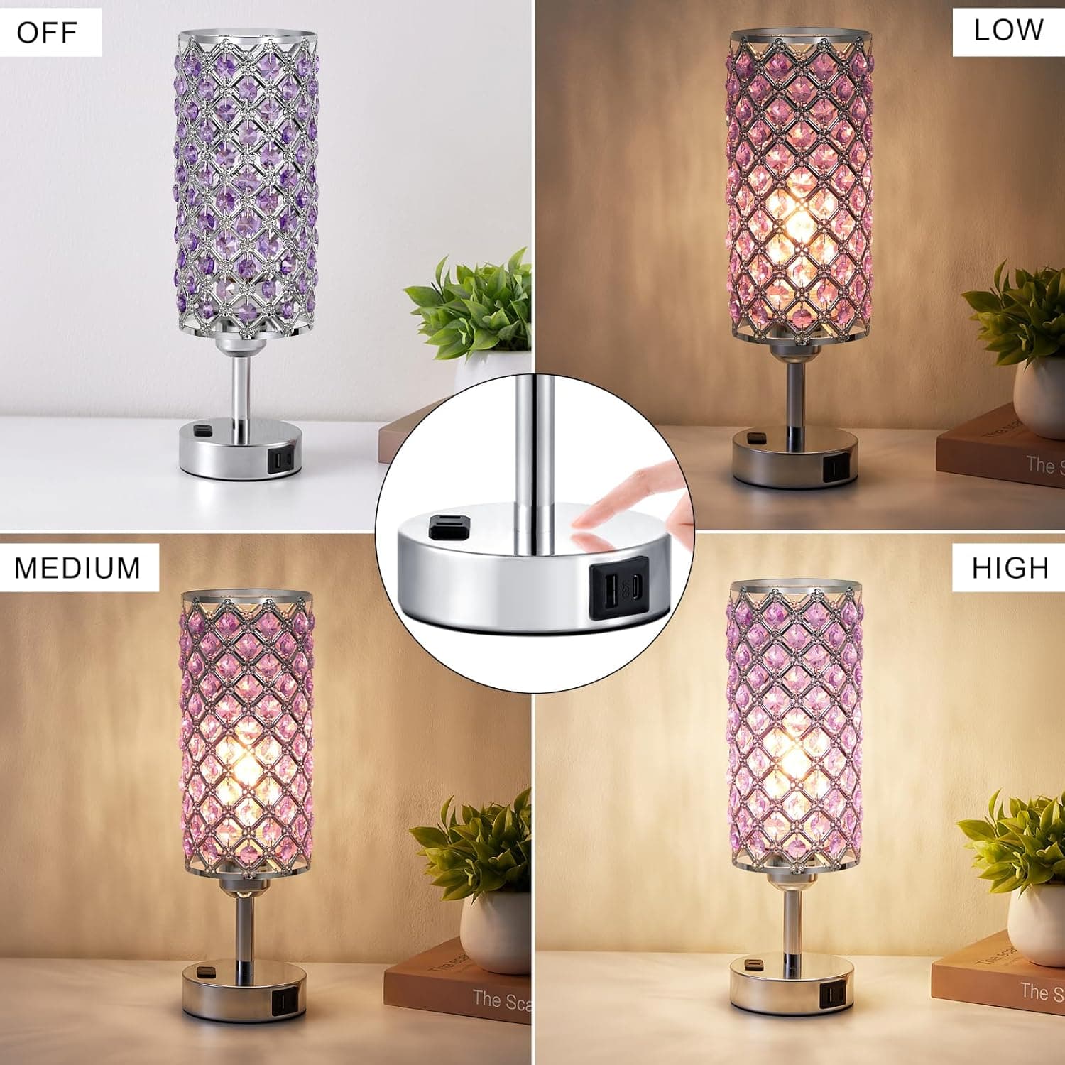 Hong-in Crystal Lamps Set of 2, 3 Way Dimmable Touch Lamp with Crystal Shade, Bedside Nightstand Lamps for Living Room Bedroom Home Office(Purple) - Image 5