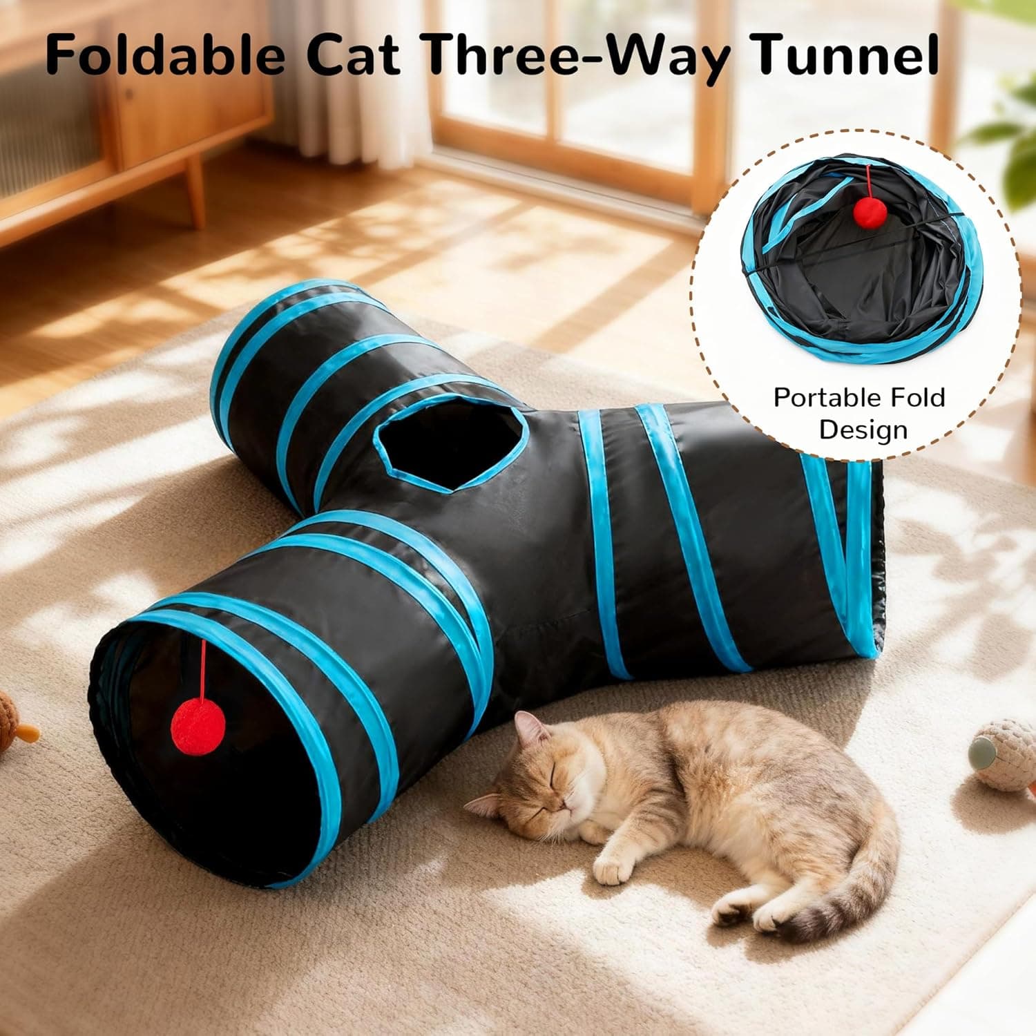 Tempcore Pet Cat Tunnel Tube Cat Toys 3 Way Collapsible, Tunnels for Indoor Cats，Kitty Bored Peek Hole Toy Ball Cat, Puppy, Kitty, Kitten, Rabbit 3-Way 3-Way Blue - Image 6