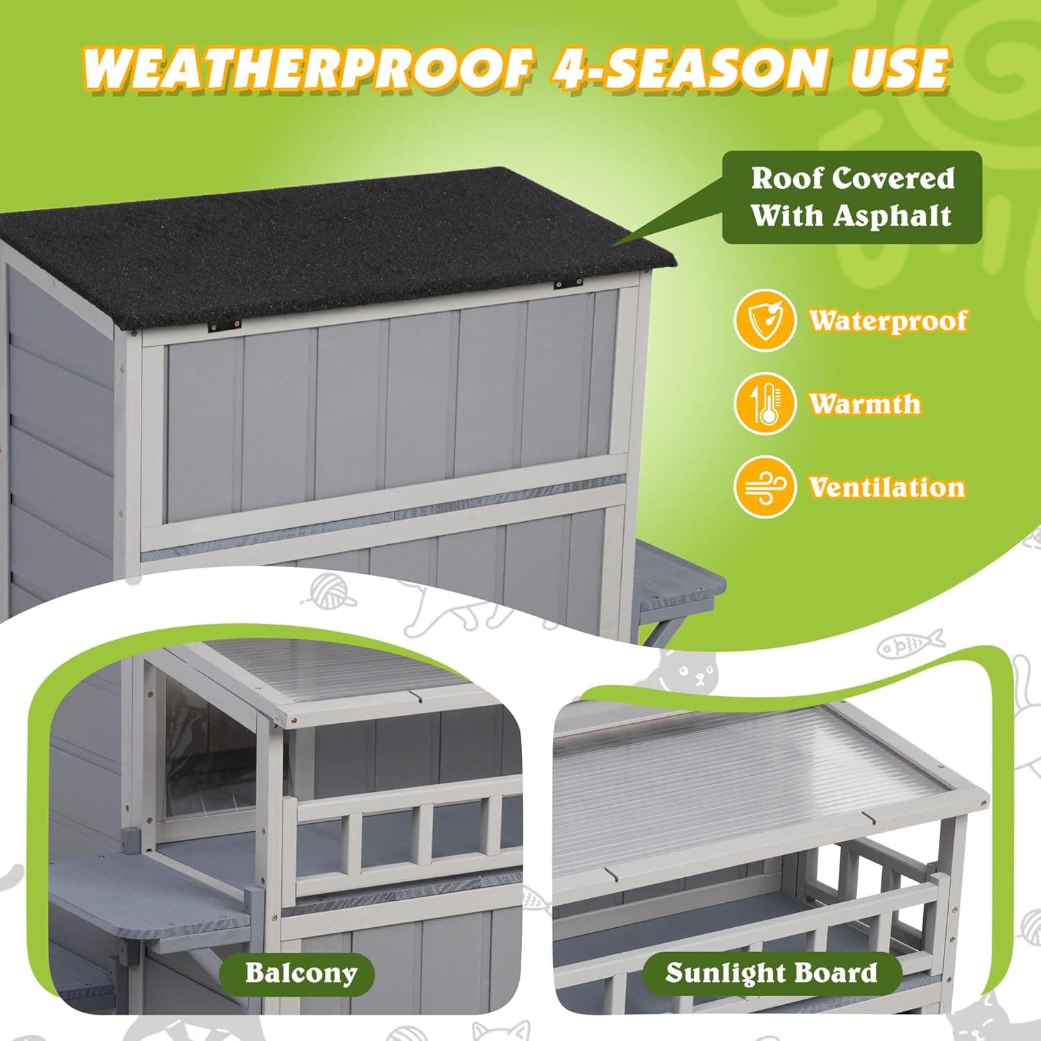 Outdoor Cat House, 2-Tier Warm Wood Cat Shelter with Sunlight Roof, Balcony, Jumping Platforms, Kitty Pet Porch Enclosure, Weatherproof, Openable, Gray Gray GENERAL - Image 7