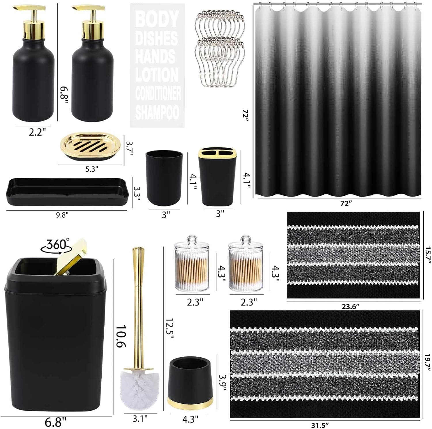 25PCS Black Bathroom Accessories Sets Complete, with Shower Curtain, Rugs, Trash Can and Toilet Brush, Soap Dispenser, Toothbrush Holder and Cup, Soap Dish, Qtip Holder, Bathroom Decor Sets Black Bathroom Set Complete-Gold - Image 9