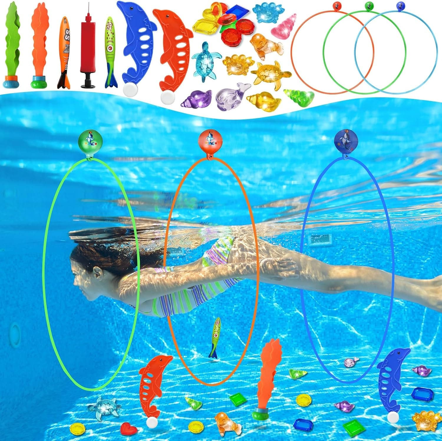 Jasonwell Pool Toys Diving Rings - 28PCS Swim Thru Rings Pool Game Diving Toys with Dive Ring Underwater Treasures Torpedo Bandits Fish Toy Fun Water Swimming Toy for Boys Girls Kids Teens Adults Green&orange&blue - Image 2