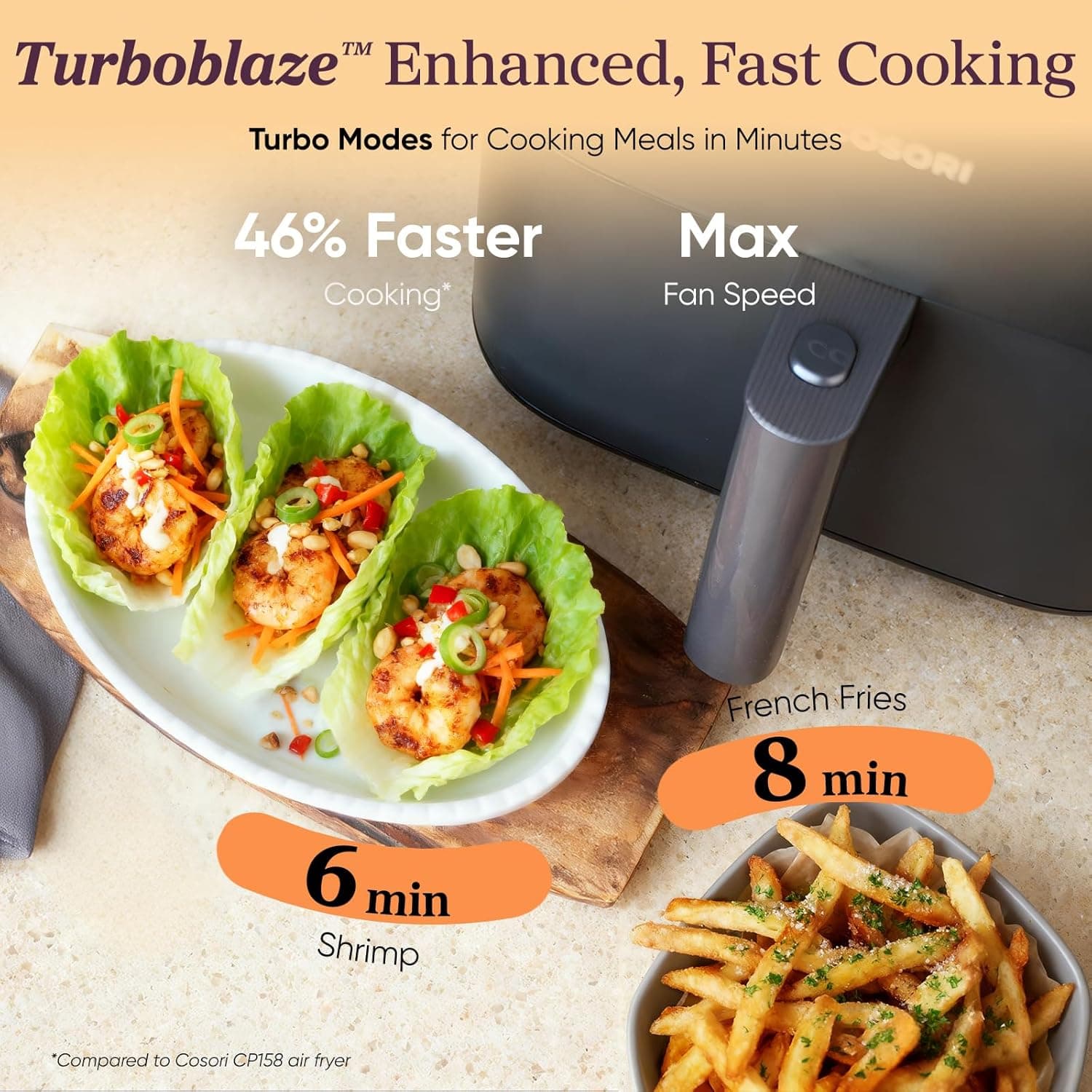 Cosori 9-en-1 TurboBlaze Friteuse à Air 6 Qt, Revêtement Céramique Premium, 90°–450°F, Chauffage Précis pour Résultats Uniformes, Friture à Air, Rôtir, Cuire au Four, Griller, Déshydrater, Congeler, Prouver, Réchauffer, Garder au Chaud, 120V Gris Foncé 6QT Friteuse à Air - Image 7