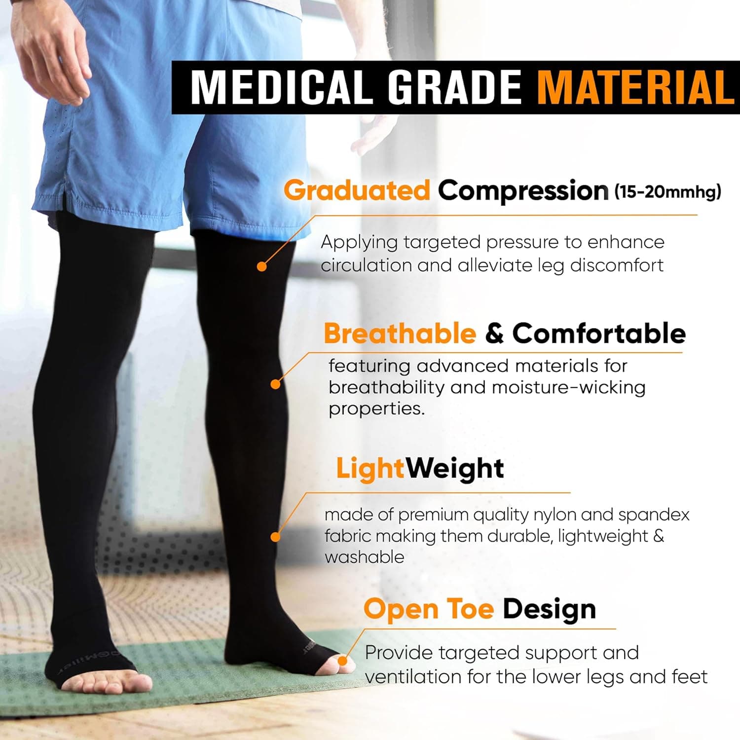 Doc Miller Thigh High Open Toe Compression Stockings 15-20mmHg for Varicose Veins, Pregnancy Support Open Toe Thigh High Compression Socks for Women and Men X-Large Black - Image 5