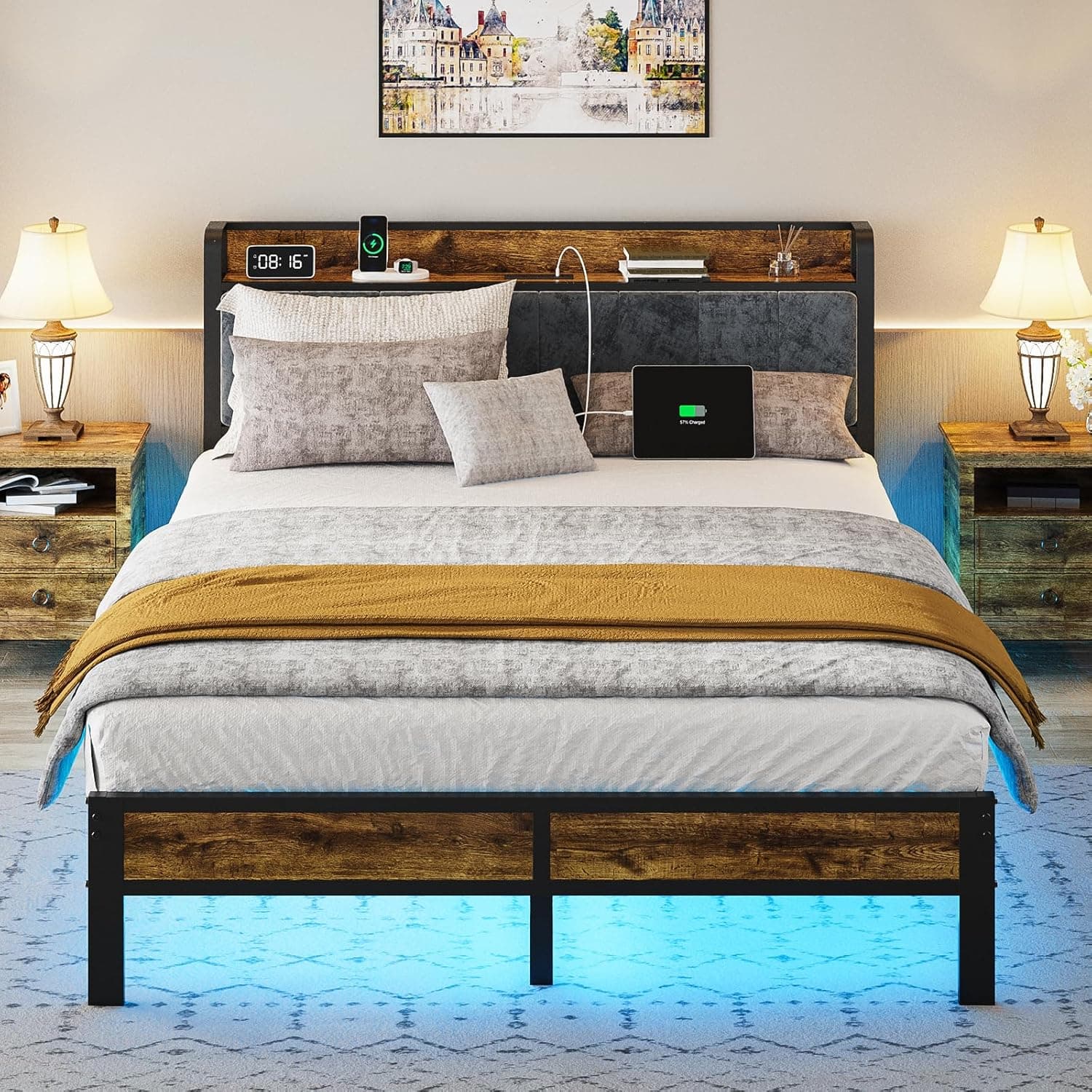 Queen Bed Frame with Headboard, Metal Platform Bed with Smart LED Lights and USB Charging Station, Easy Assembly, No Box Spring Needed Queen (U.S. Standard) - Image 2