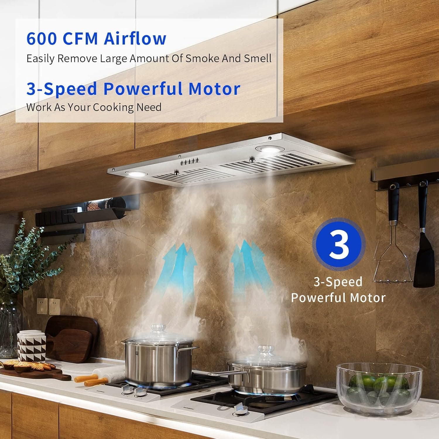 Range Hood Insert 30 inch,Stainless Steel Kitchen Vent Hood 600CFM,Built-in Kitchen Stove Hood w/Front Button Controls and Front LED Lights,Baffle Filters,Ducted/ductless Convertible Duct - Image 3