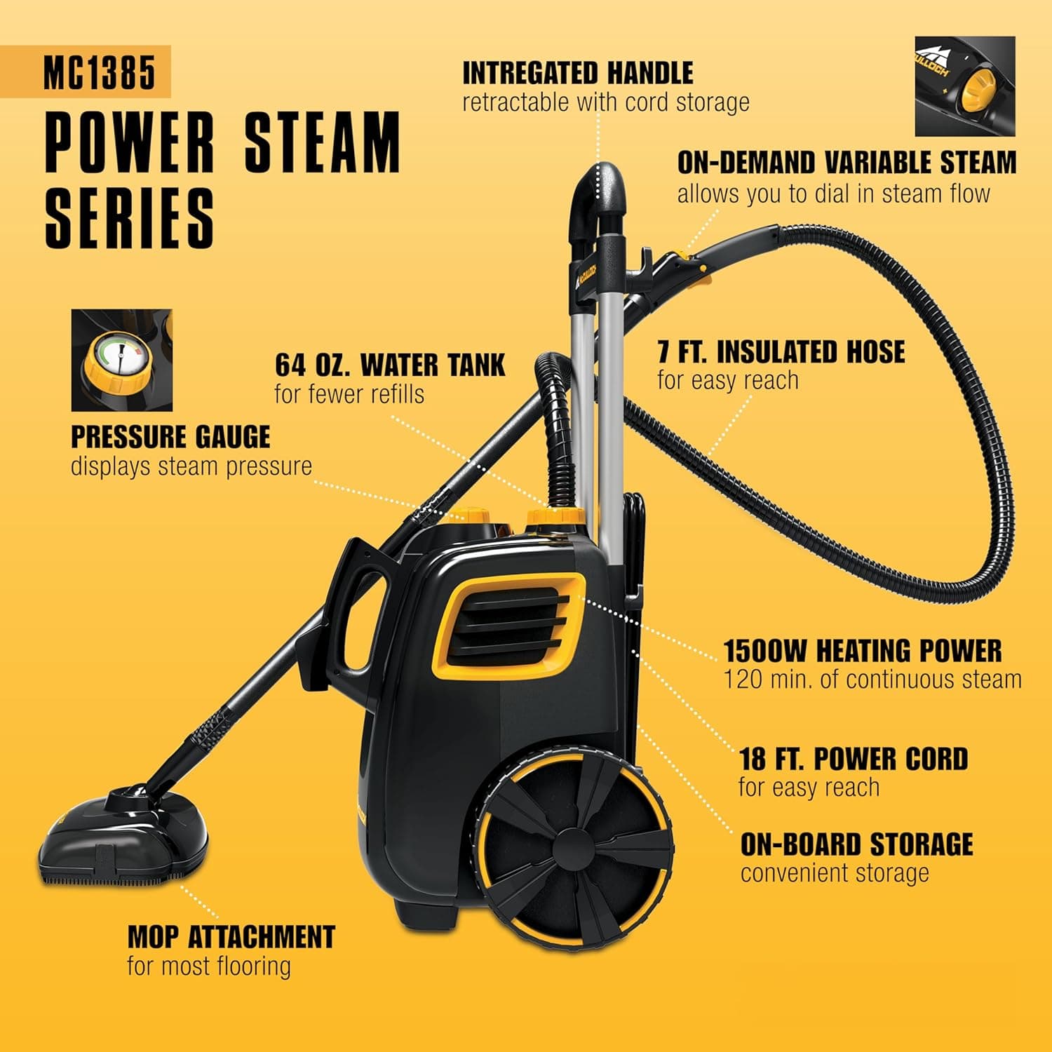 McCulloch MC1385 Deluxe Canister Steam Cleaner, 2-Hour Runtime, Chemical-Free, 23 Accessories: Mop Head, Brushes & More - Built for Home, Tile, Carpet, Furniture, & Personal Car Detailing - Image 5