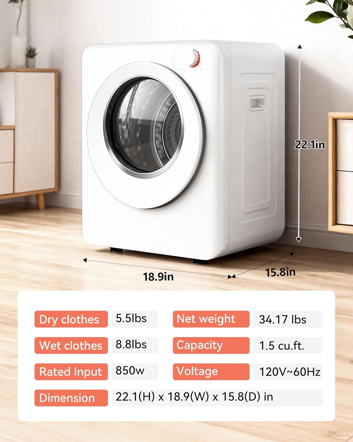 Euhomy Portable Clothes Dryer, 1.5 Cu.Ft. Portable Dryer, 850W Drying Machine with Front-Loading Stainless Steel Drum, 5 Functions, Suitable for Apartments, Dorms, RVs, Small Spaces 1.5 cu. ft. - Image 8