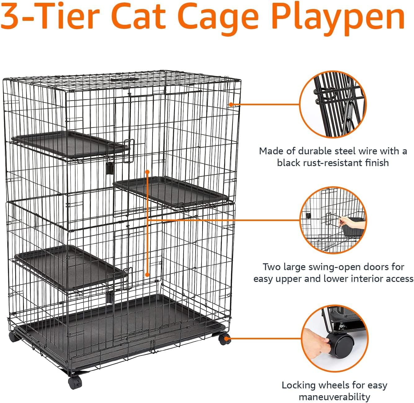 Amazon Basics Large 3-Tier Cat Durable,Pliable Cage Playpen Box Crate Kennel - 35.8"L x 22.4"W x 50.6"H, Black - Image 4