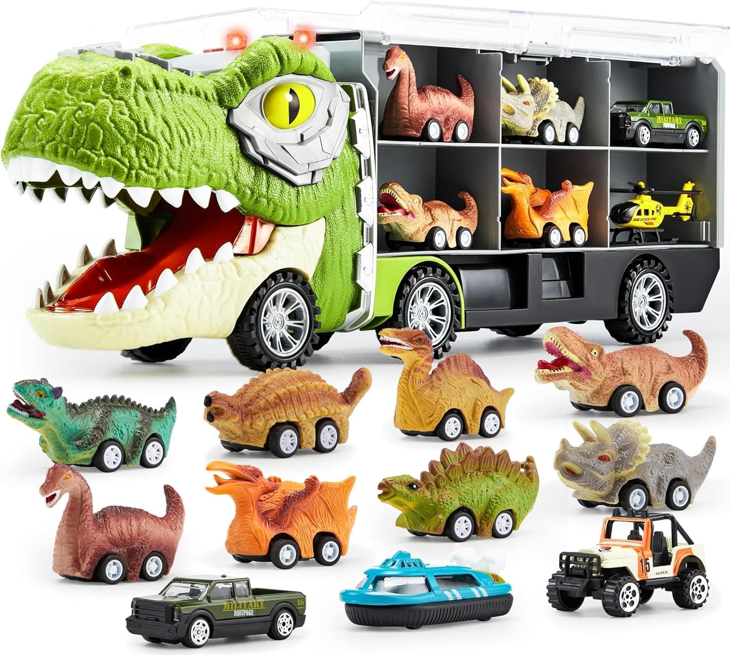 JOYIN 13 in 1 Dinosaur Toys for Kids 3-5, Dinosaur Truck with 12 Pull Back Cars, Birthday Gifts Toys for 3 4 5+ Year Old Boy, Transport Carrier Truck for Toddlers, Christmas Great Gifts for Grandkids Tyrannosaurus Truck - Image 2