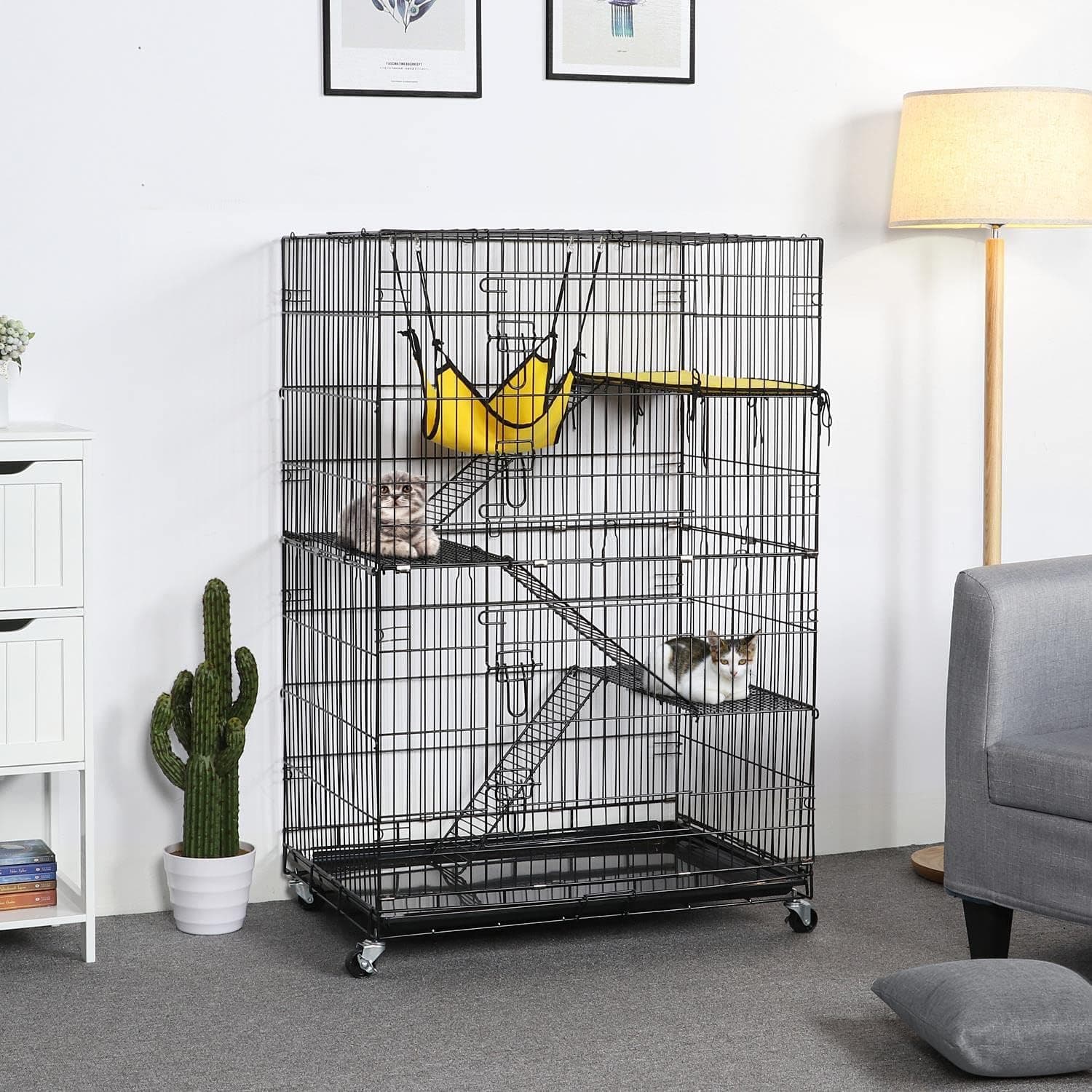 Yaheetech 49'' Collapsible Cat Cage 4-Tier Metal Cat Kennel Ferret Enclosure Chinchilla Cage with Rotating Casters/Ramp/Ladders/Hammock for Indoor Kitten - Image 3