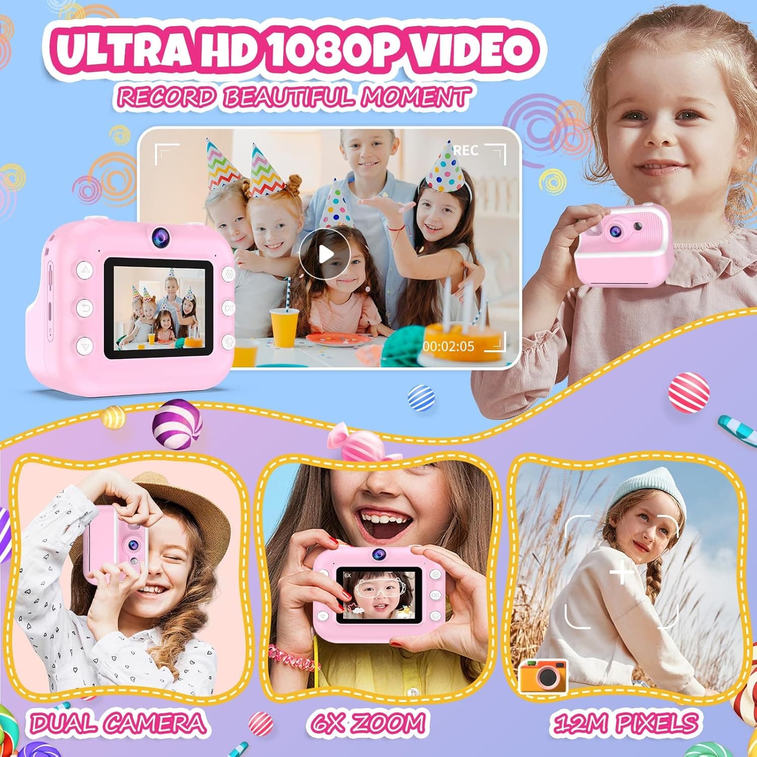 Kids Camera Instant Print,1080P HD Dual Lens Selfie Camera Toys for Girls & Boys Ages 3-12, Instant Photo Printing with 3 Rolls of Paper & 32GB Card, Christmas Birthday Gift for Toddlers (Pink) - Image 4