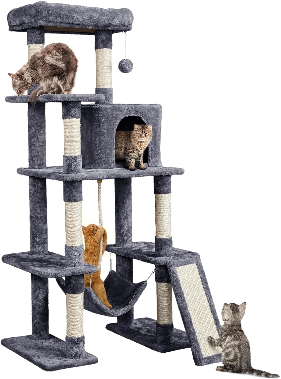 Yaheetech Large Multi-Level Cat Tree, 63 Inches Tall with Sisal-Covered Scratching Posts, Condo, Hammock, Dangling Ball, and Extended Platform for Cats to Play and Sleep Dark Gray 63in - Image 2