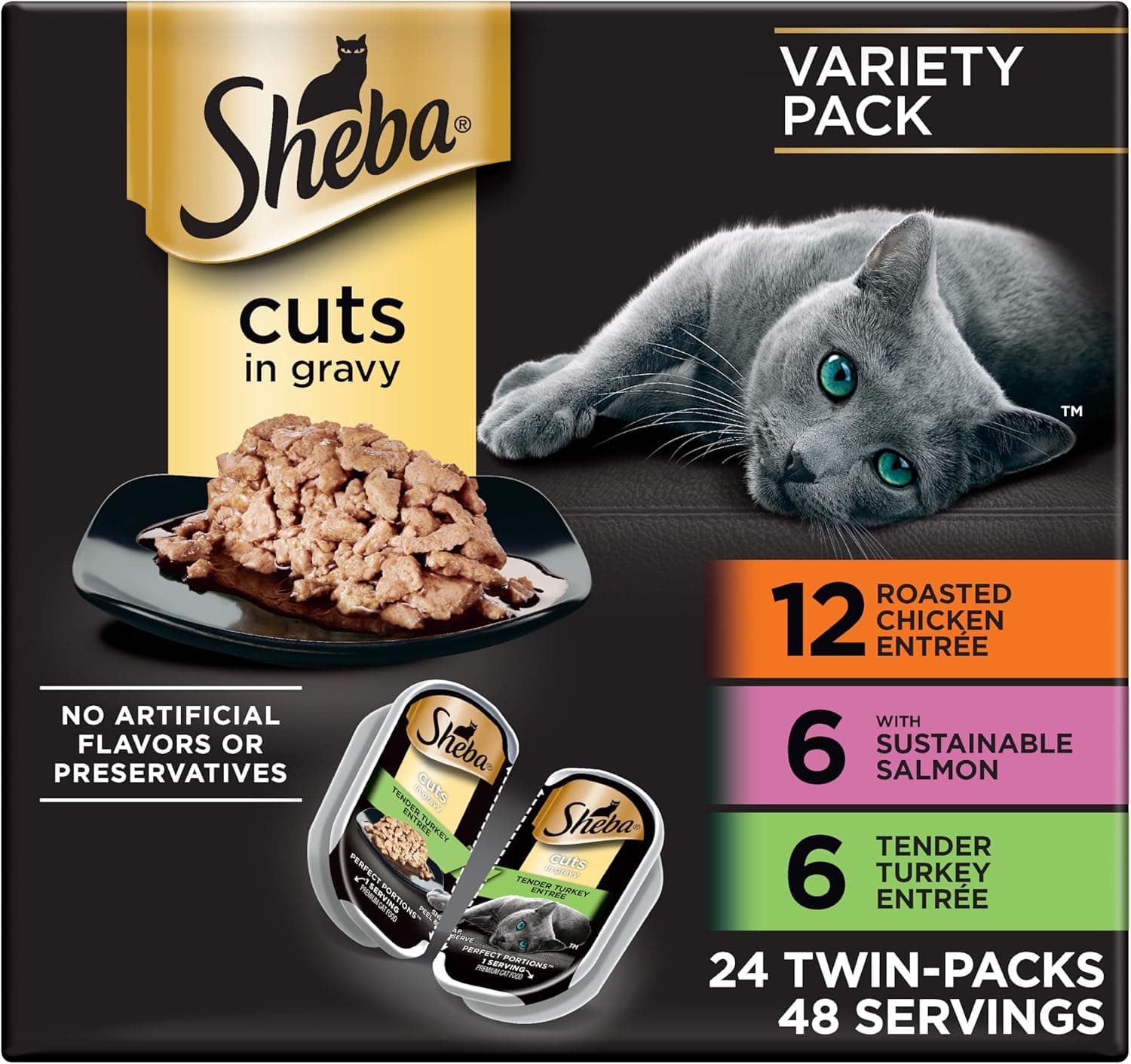 Sheba Perfect Portions Wet Cat Food Cuts in Gravy, Roasted Chicken Entree, with Sustainable Salmon, Tender Turkey Entree, 2.6 oz. Twin-Pack Trays (24 Count, 48 Servings) Chicken, Salmon & Turkey 24 Count (Pack of 1) - Image 2