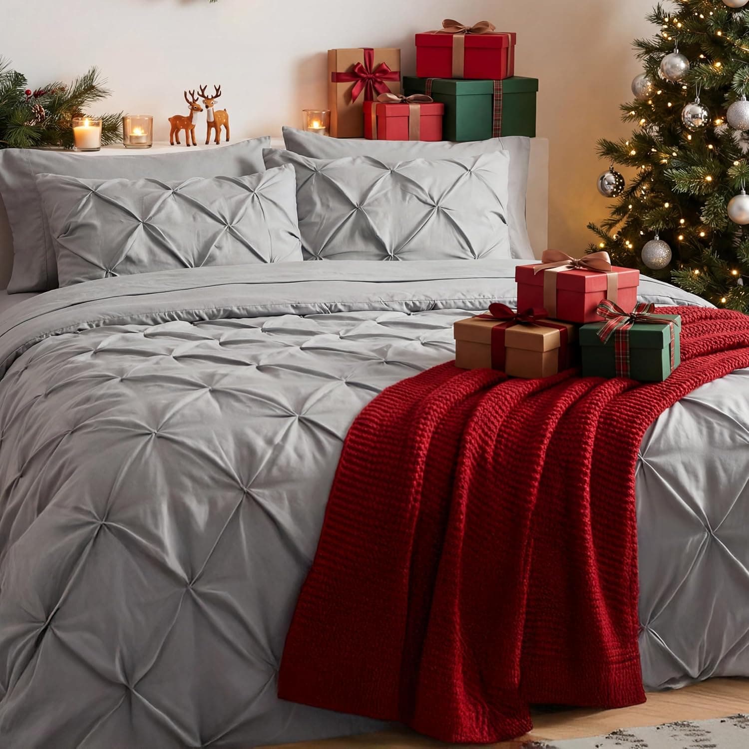 Bedsure Queen Comforter Set Grey - Bed in a Bag Queen Size Bedding 7 Pieces, GentleSoft™ Pintuck Bed Set Gift for Family, Pinch Pleat All Season Comforter with Sheets, Pillowcases & Shams Queen 01 - Grey - Image 8