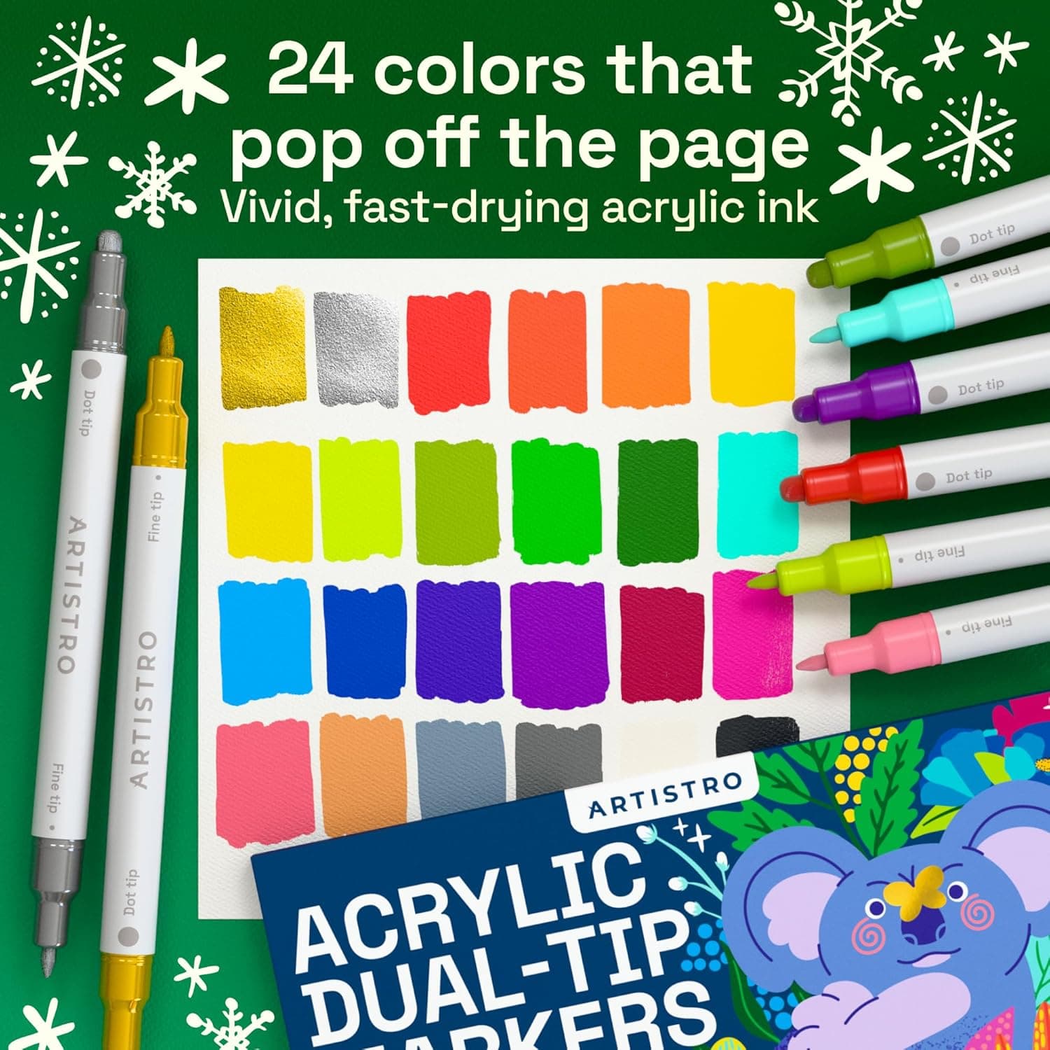 ARTISTRO 24 Acrylic Paint Markers for Rock, Fabric, Wood, Glass, Craft, Decoration - Dual-Tip Paint Pens - Stocking Stuffers, Christmas Gift Idea for Teens, Grandkids, Kids - Art Supplies 24 Multicolor - Image 3