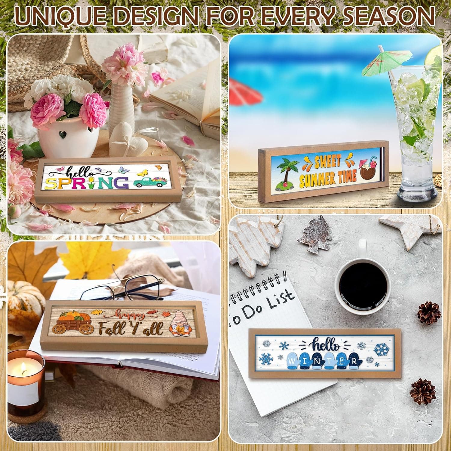 Barydat Interchangeable Season Sign Interchangeable Welcome Wood Sign for Table Decorative Seasonal Sign Decor with a Wooden Frame Wreaths for Fall Thanksgiving Halloween Autumn Decor Retro - Image 3