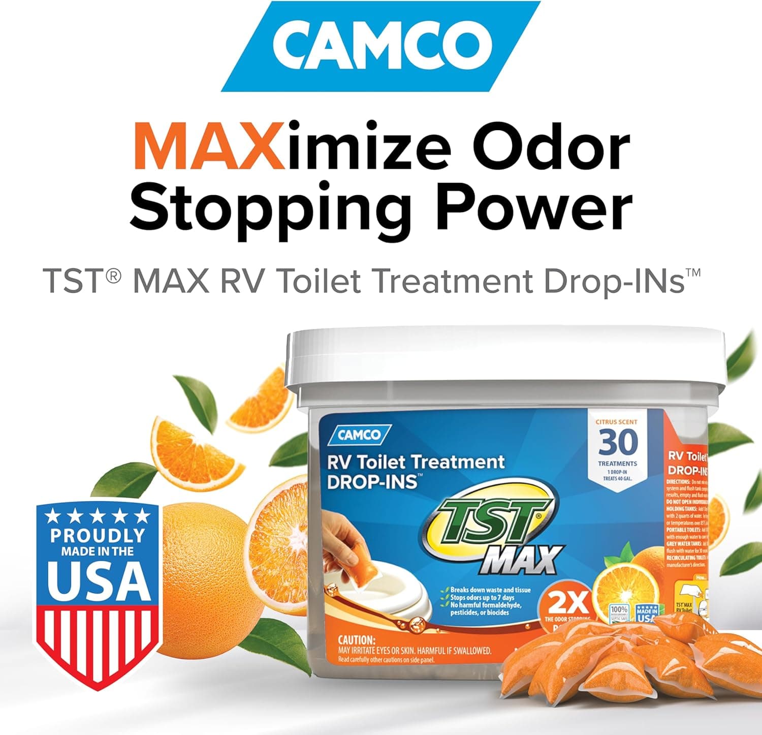 Camco TST MAX RV Toilet Treatment Drop-INs - Control Unwanted Odors & Break Down Waste and Tissue - Safe Septic Tank Treatment - Orange Scent, 30-Pack (41183) Orange 30 Count (Pack of 1) - Image 3