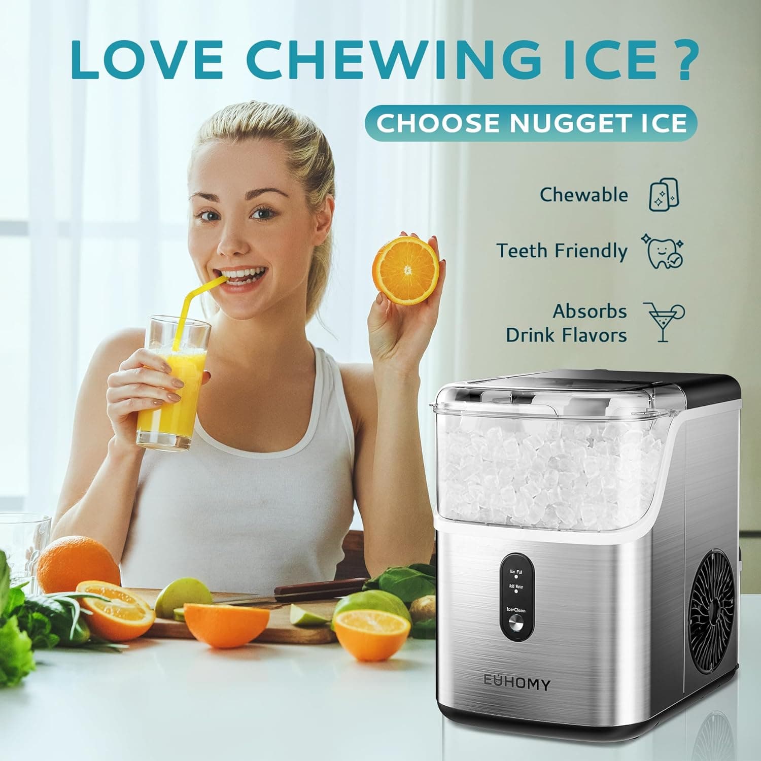 EUHOMY Nugget Ice Makers Countertop, Pebble Ice Maker Machine with 35lbs/24H Soft Ice, Self-Cleaning Sonic Ice Maker with Ice Scoop&Basket, Pellet Ice Maker for Home/Kitchen/Office(Stainless Steels) Ice Machine 35LBS/Day Silver - Image 3
