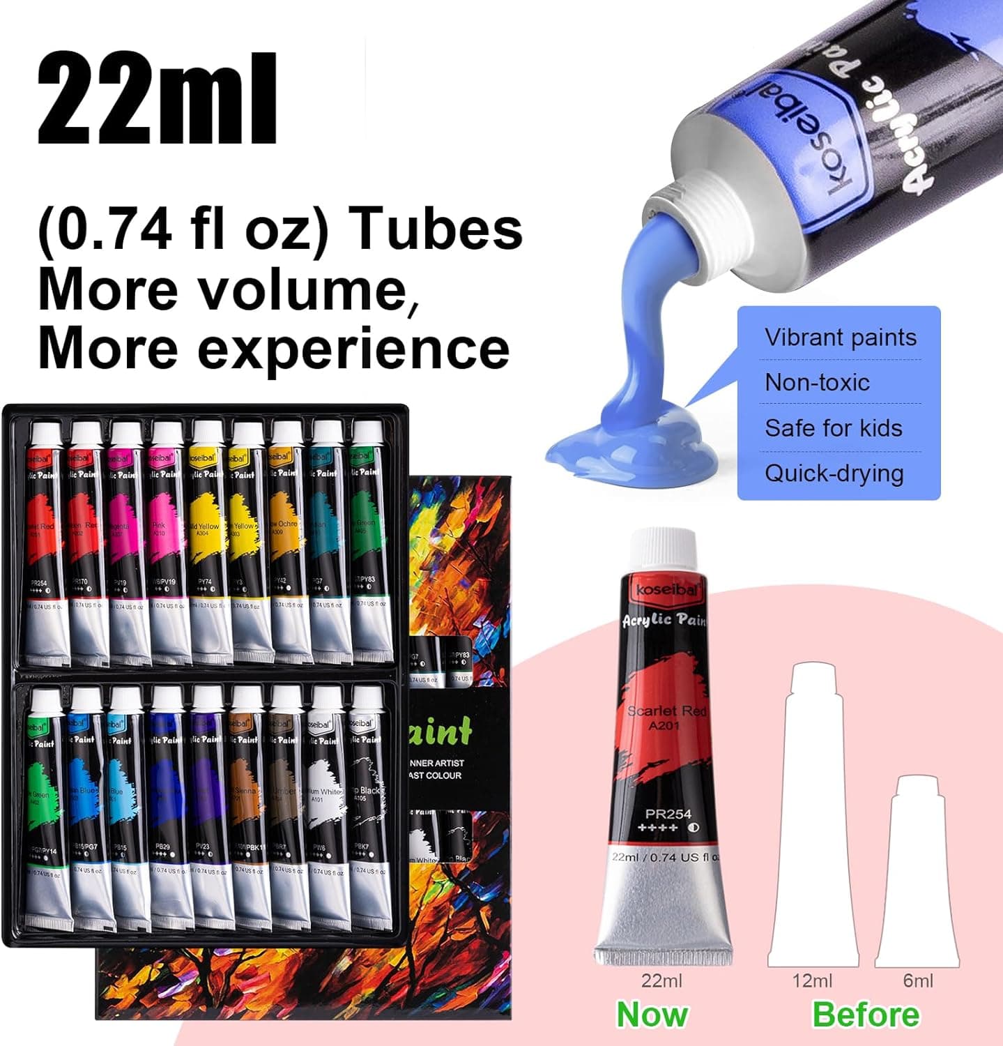 koseibal Acrylic Art Set with 18 Acrylic Paints, 8 Brushes, 4 Stretched Canvas, 1Wooden Easel, Etc, Premium Painting Supplies Kit for Students, Artists Kids, Adults, and Beginner 18colors+36pcs - Image 4