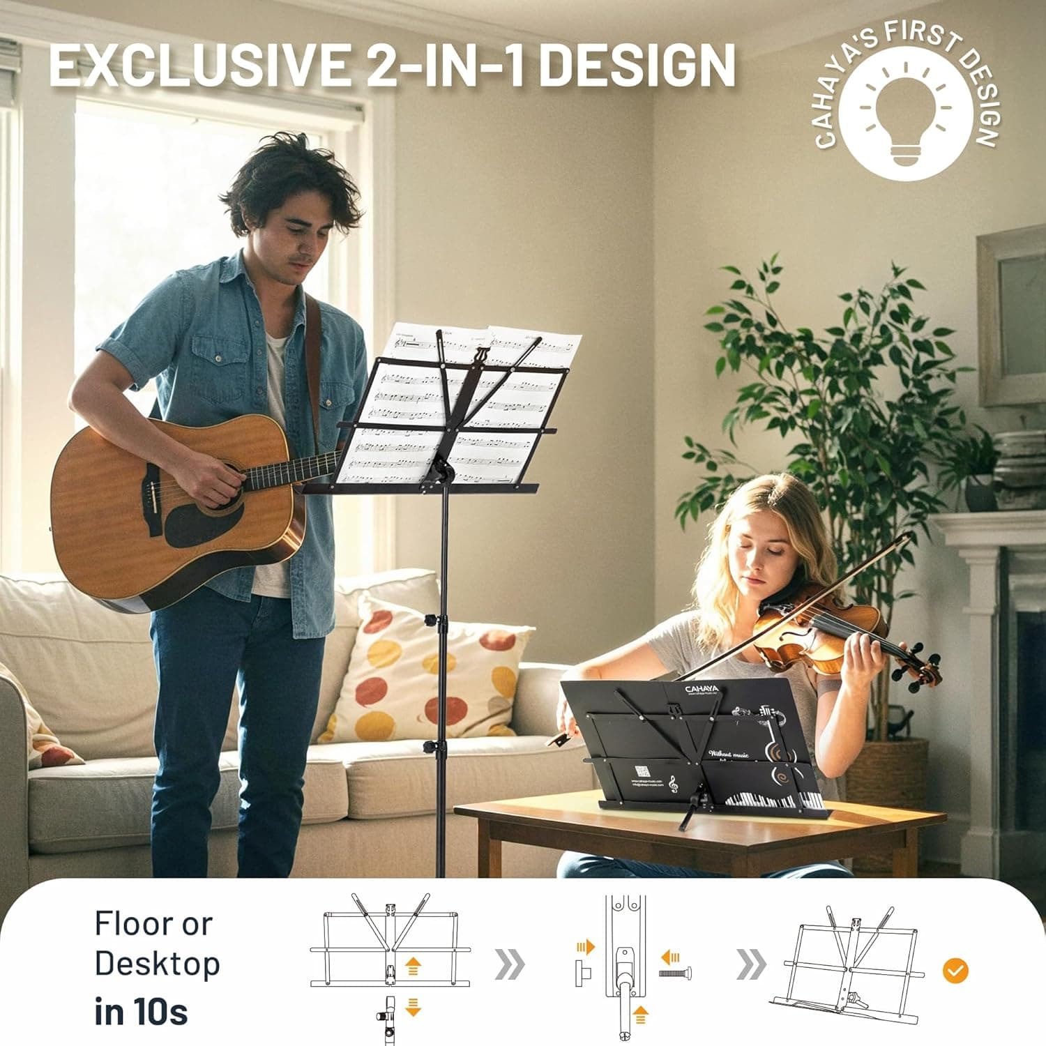 CAHAYA Portable Sheet Music Stand: Dual Use Desktop Book Holder Folding Lightweight Extra Stable Reinforced with Carrying Bag and Clip for Students Musicians Height Adjustable up to 54.3" CMS0204 Standard Version Black - Image 2