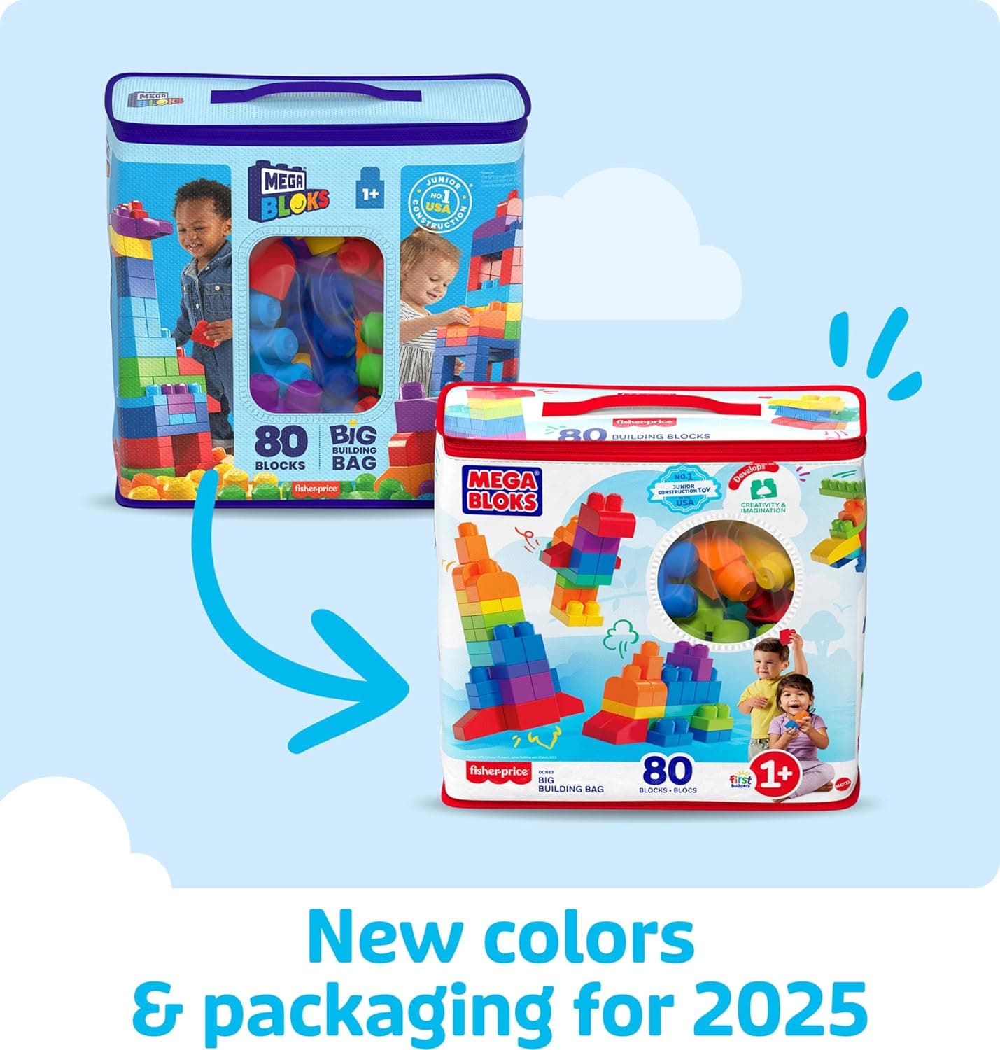 MEGA BLOKS First Builders Toddler Blocks Toys Set, Big Building Bag with 80 Pieces and Storage, Blue, Ages 1+ Years Blue Bag - Image 9