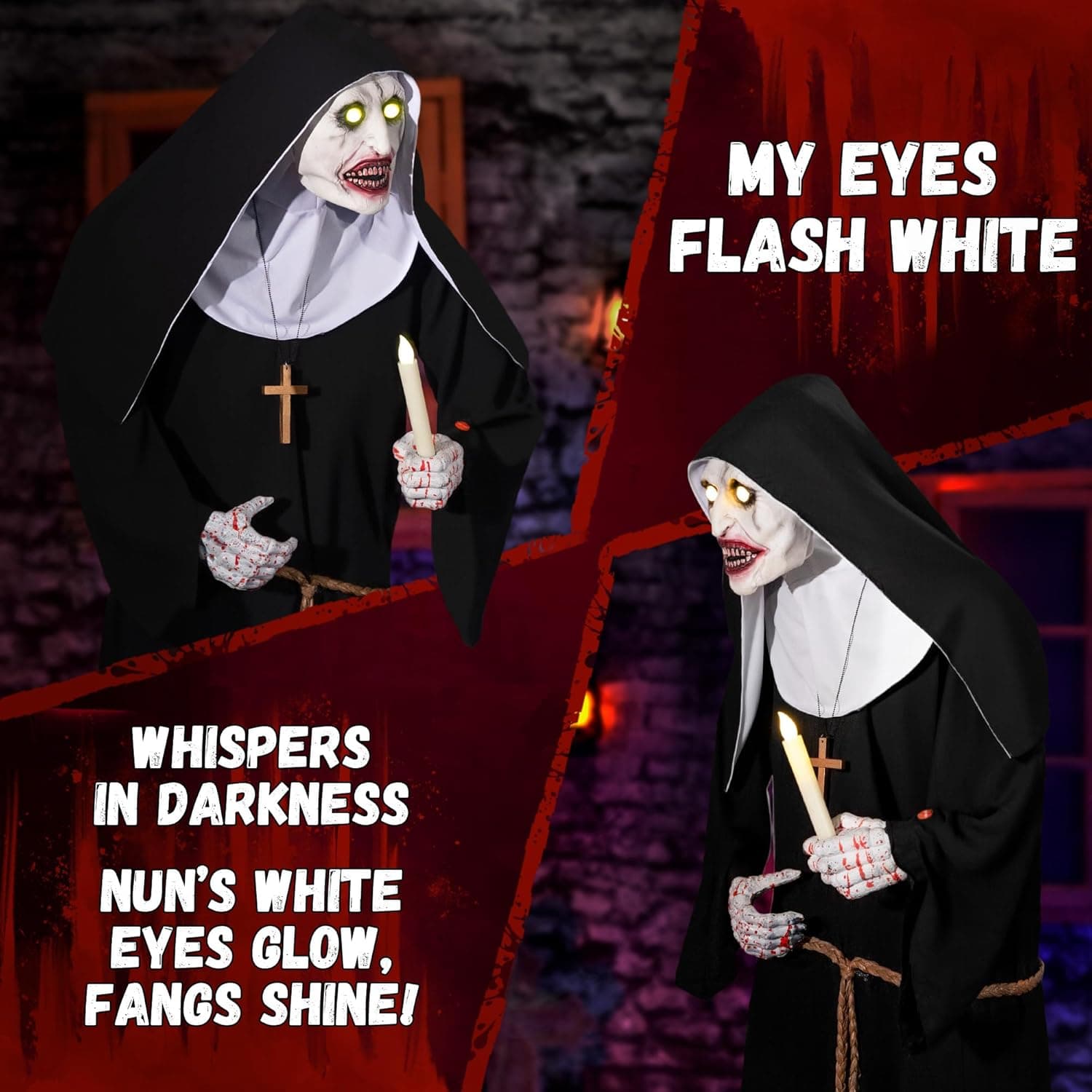 Halloween Animatronics 6ft Nun Animated 72inch Sister Decoration with Motion Sensor Activated, Creepy Sound, Scary Move, Light Up Eyes, Haunted House Spooky Decor Horror Prop for Indoor, Outdoor, Yard - Image 4