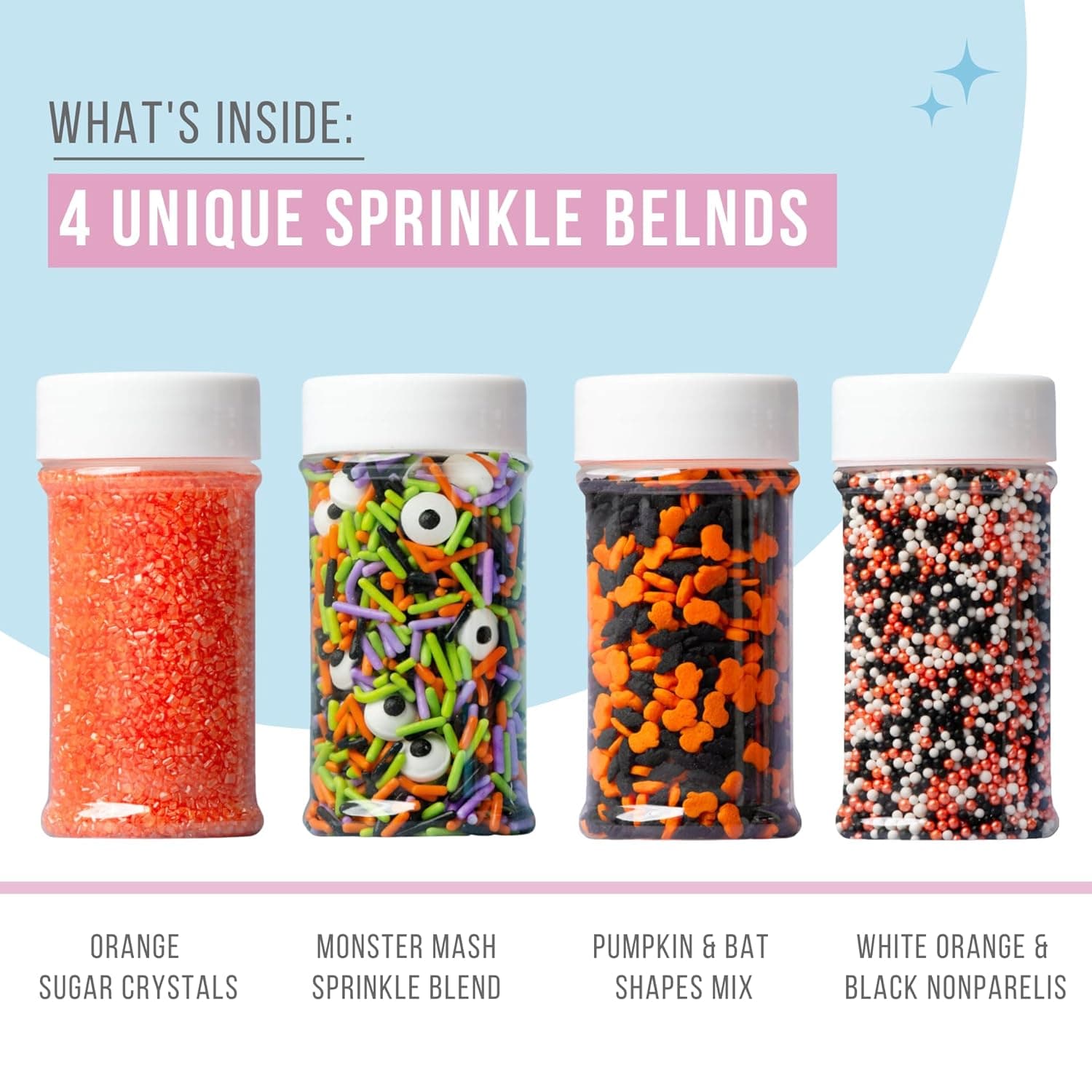 Sweets Indeed Halloween Sprinkles 4-Pack – 11.57 oz Jar Set | Candy Eyeball Mix, Bat & Pumpkin Quin Mix, Orange Sanding Sugar & Black/White/Orange Nonpareils | Cupcake & Cookie Decorations - Image 4