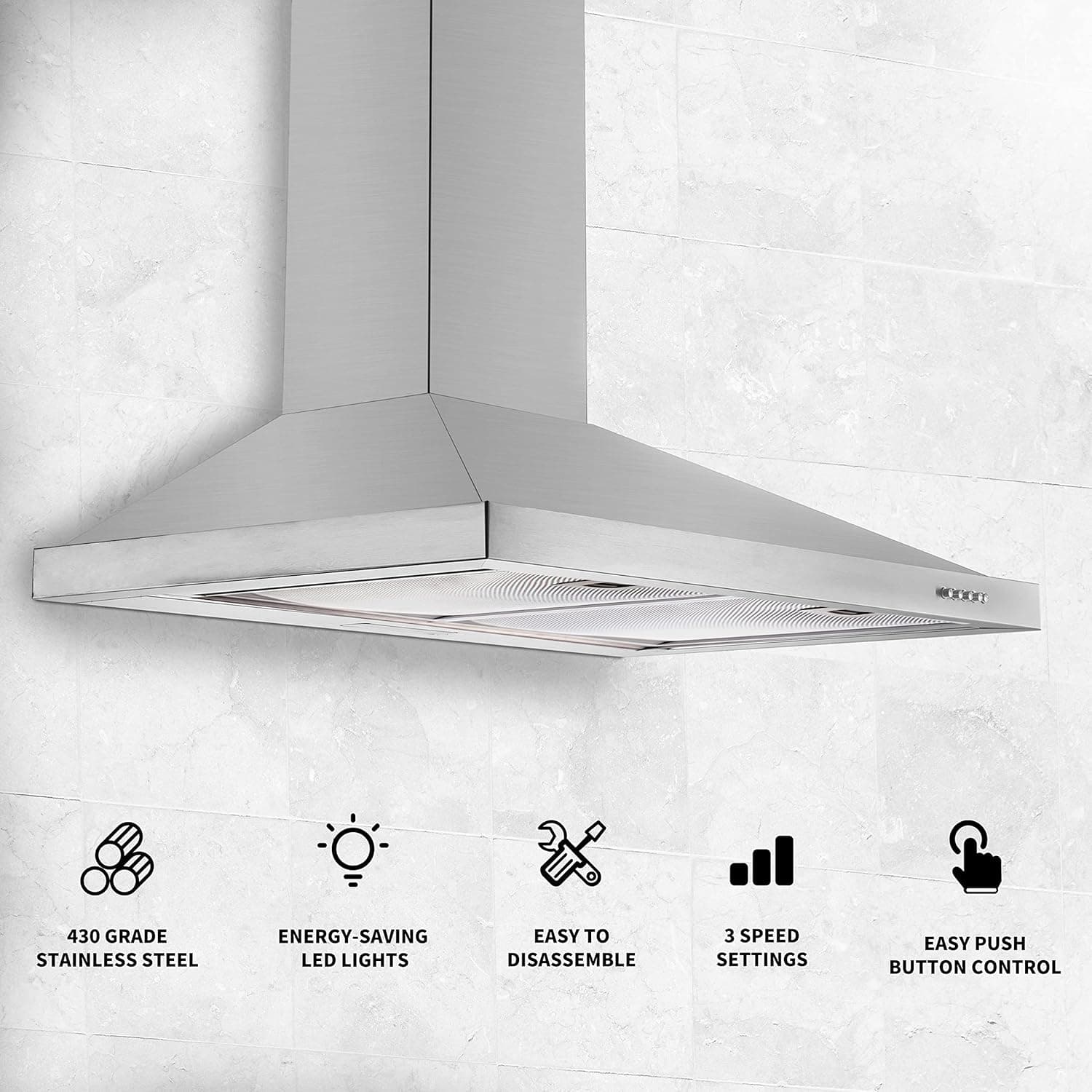 Wall Mount Range Hood 30 inch with Ducted/Ductless Convertible Duct, Stainless Steel Chimney-Style Over Stove Vent Hood with LED Light, 3 Speed Exhaust Fan, 450 CFM Button Control Mesh Filters - Image 4