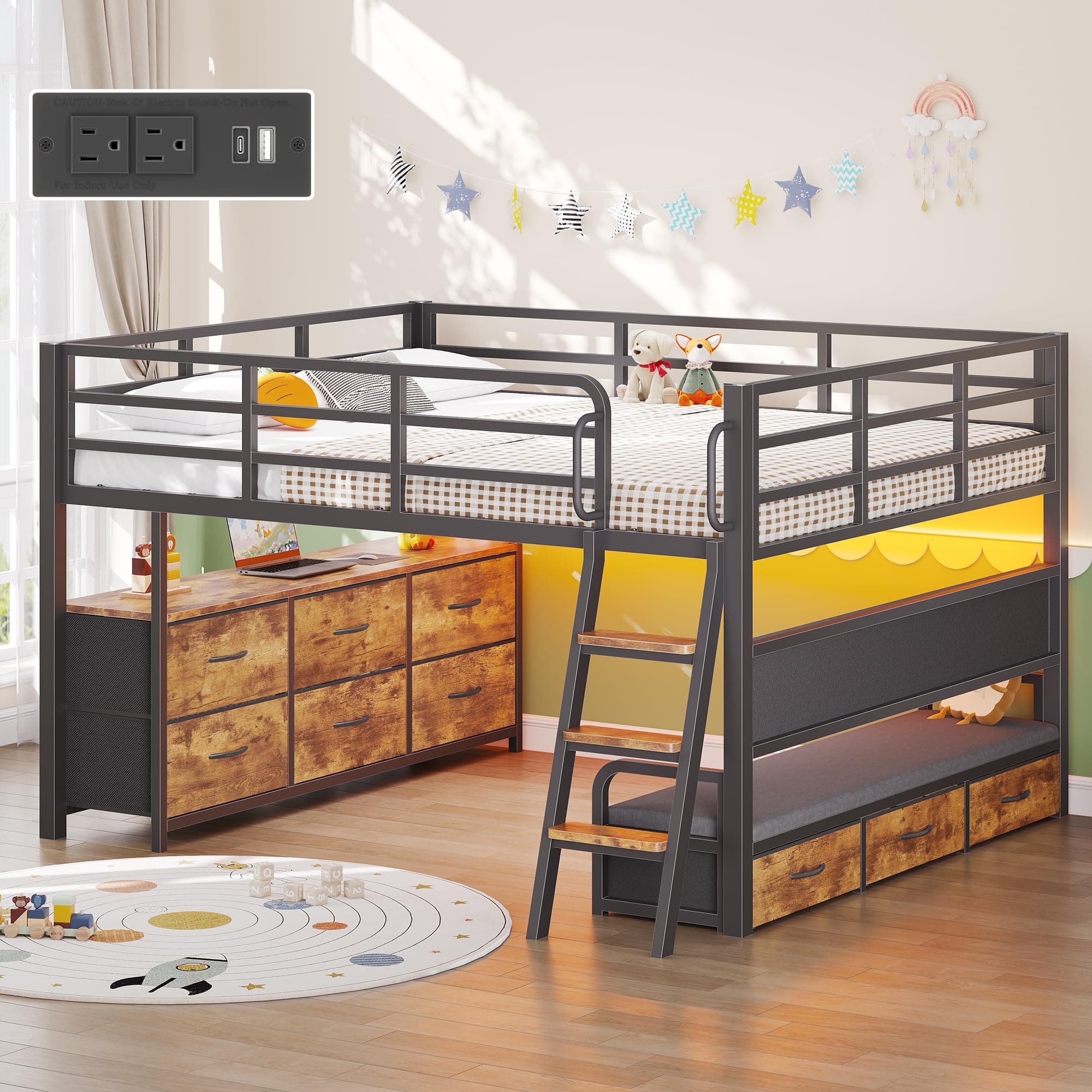Cama de tamaño completo con escritorio, marco de cama de tamaño completo con 9 cajones de almacenamiento, cama loft para niños con barandilla de seguridad de 15.8" H, sofá, luces LED y estación de carga, sin necesidad de somier, marrón rústico