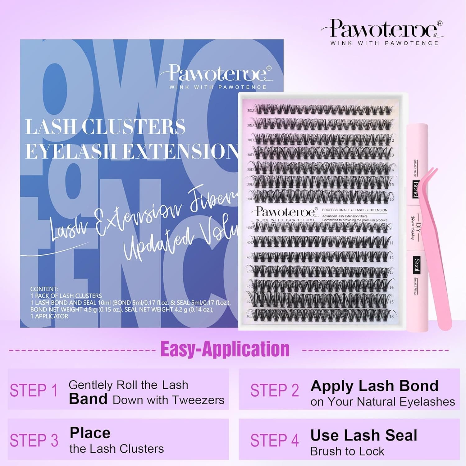 Pawotence Lash Extension Kit DIY 280pcs Lash Clusters Eyelash Extension Kit, 9-16mm 30D 40D Individual Lashes Kit with Lash Bond and Seal, Lash Tweezers for Self Use (30D&40D, 0.07D, 9-16mm, Kit) 30D&40D KIT - Image 8