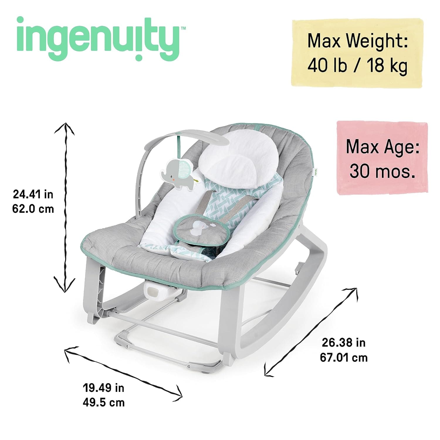 Ingenuity Keep Cozy 3-in-1 Grow with Me Vibrating Baby Bouncer, Seat & Infant to Toddler Rocker, Vibrations & -Toy Bar, 0-30 Months Up to 40 lbs (Weaver) - Image 9
