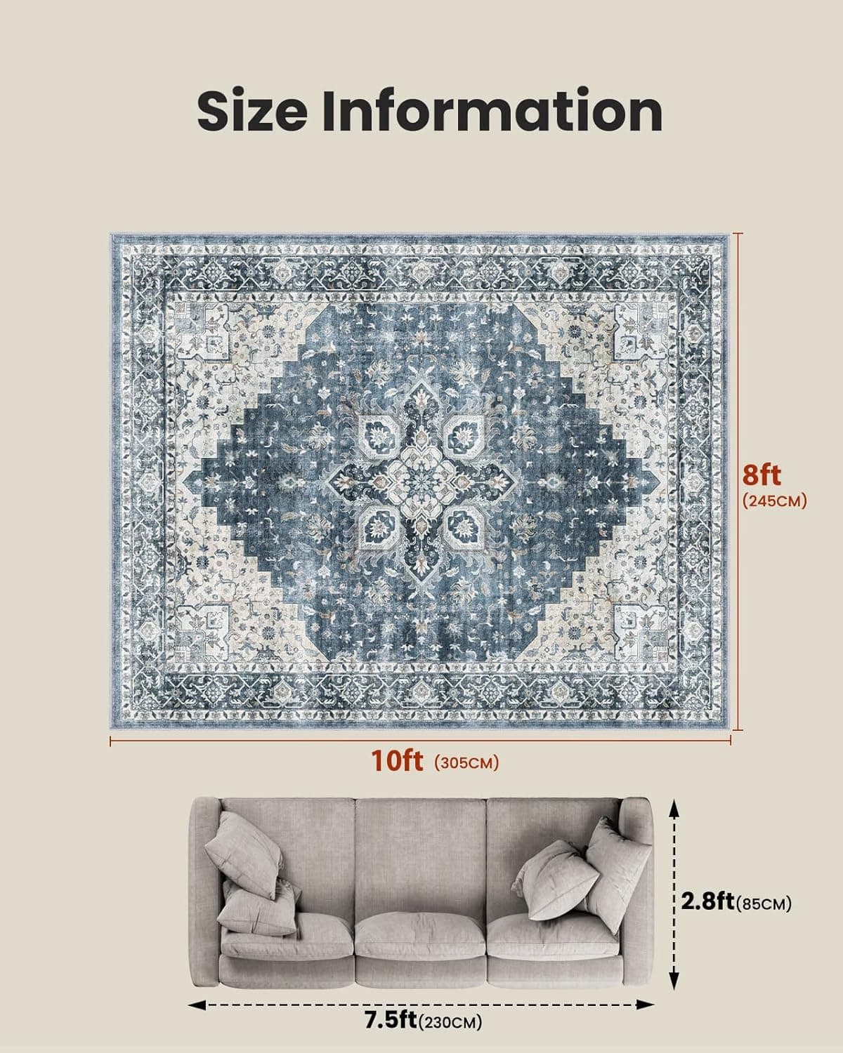 AMADA HOMEFURNISHING 8x10 Washable Area Rug, Low-Profile Large Area Rug with Non-Slip Backing & Durable Edge Binding, Vintage Large Rugs for Living Room, Bedroom, Dinning Room 8' x 10' (Rectangular) Blue - Image 3