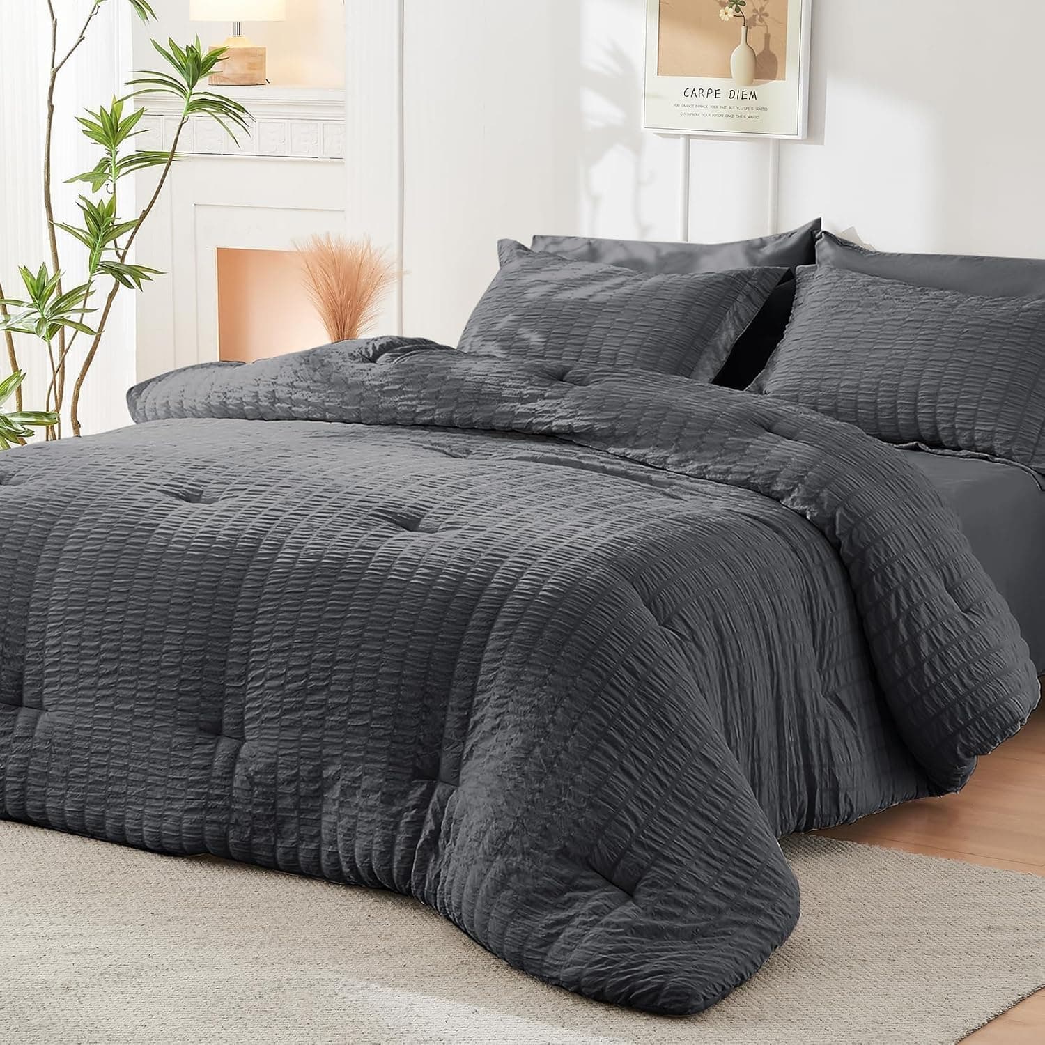HYMOKEGE Queen Comforter Set Seersucker 7 Pieces, All Season Luxury Bed in a Bag for Bedroom, Bedding Set with Comforters, Sheets, Pillowcases & Shams, Dark Grey Queen(88"x 88") Dark Grey - Image 9