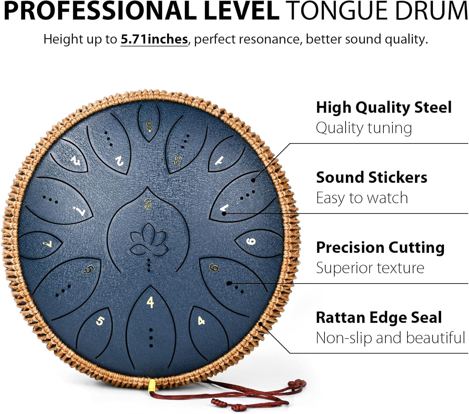 Steel Tongue Drum 13 Inches 15 Notes, Hand Pan Drums for Adults 440hz, C Major Handpan Musical Instrument with Song Book, Mallets and Carry Bag, Navy Blue Navy Blue 13Inch-Lotus - Image 2