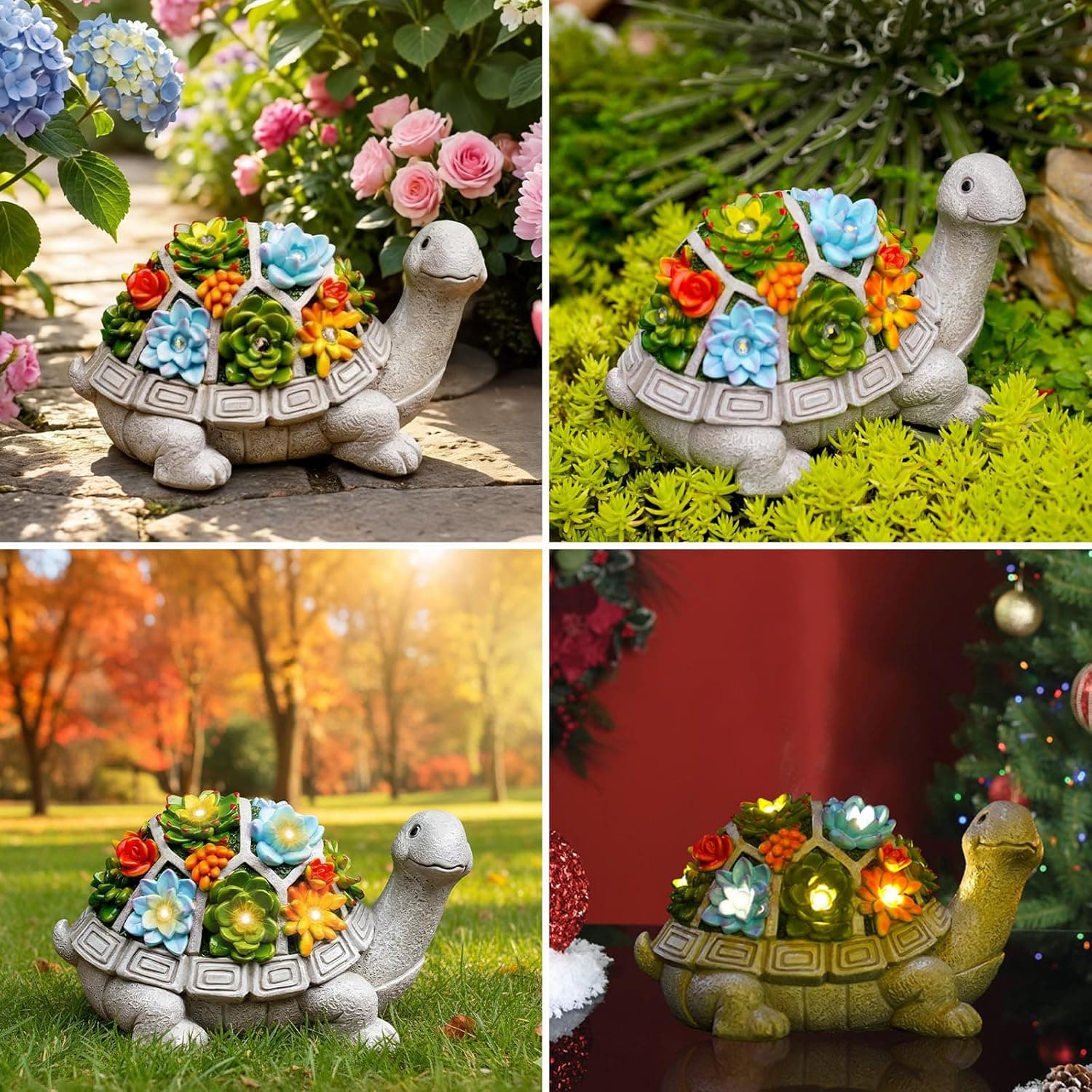Nacome Solar Garden Outdoor Statues Turtle with Succulent and 7 LED Lights - Lawn Decor Tortoise Statue for Patio, Balcony, Yard Ornament - Chrismtas Gifts for Mom Grandma Grey Turtle - Image 6