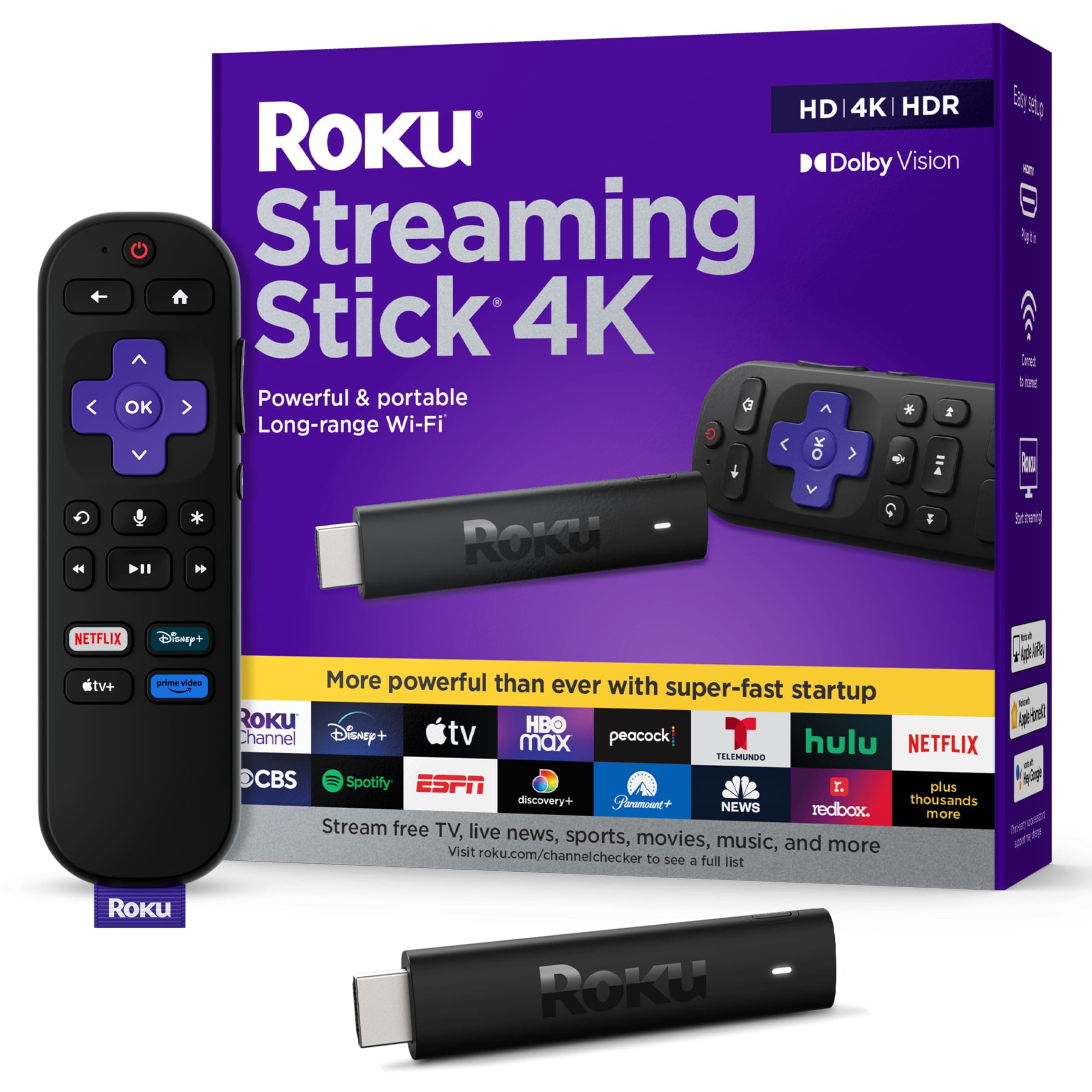 Roku Streaming Stick 4K - HDR & Dolby Vision Roku Streaming Device for TV with Voice Remote & Long-Range Wi-Fi - Free & Live TV 4K + Dolby Vision