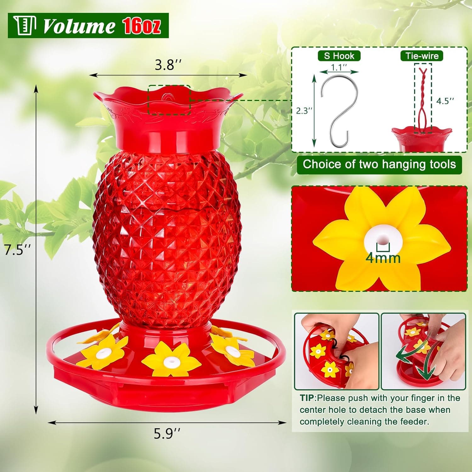 Glass Hummingbird Feeders for Outdoors Hanging Ant and Bee Proof 16OZ 2 Pack Red Pineapple Humming Bird Feeder with 6 Feeding Ports and Ant Moat Hummingbird Gifts for Women Garden Decor 2 16 OZ - Image 5