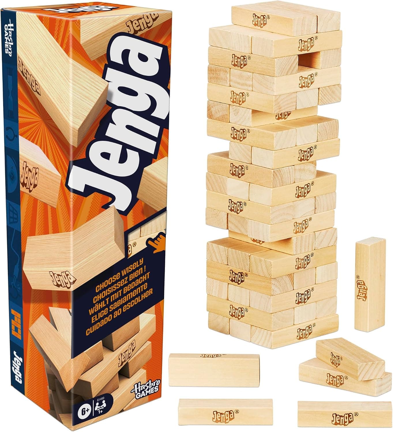 Amazon.com: Official Hasbro Games Jenga Game | Digital Die for 6 More Ways to Play | Original Wood Block Game | Stacking Tower | Ages 6+ | 1+ Players | Party Games