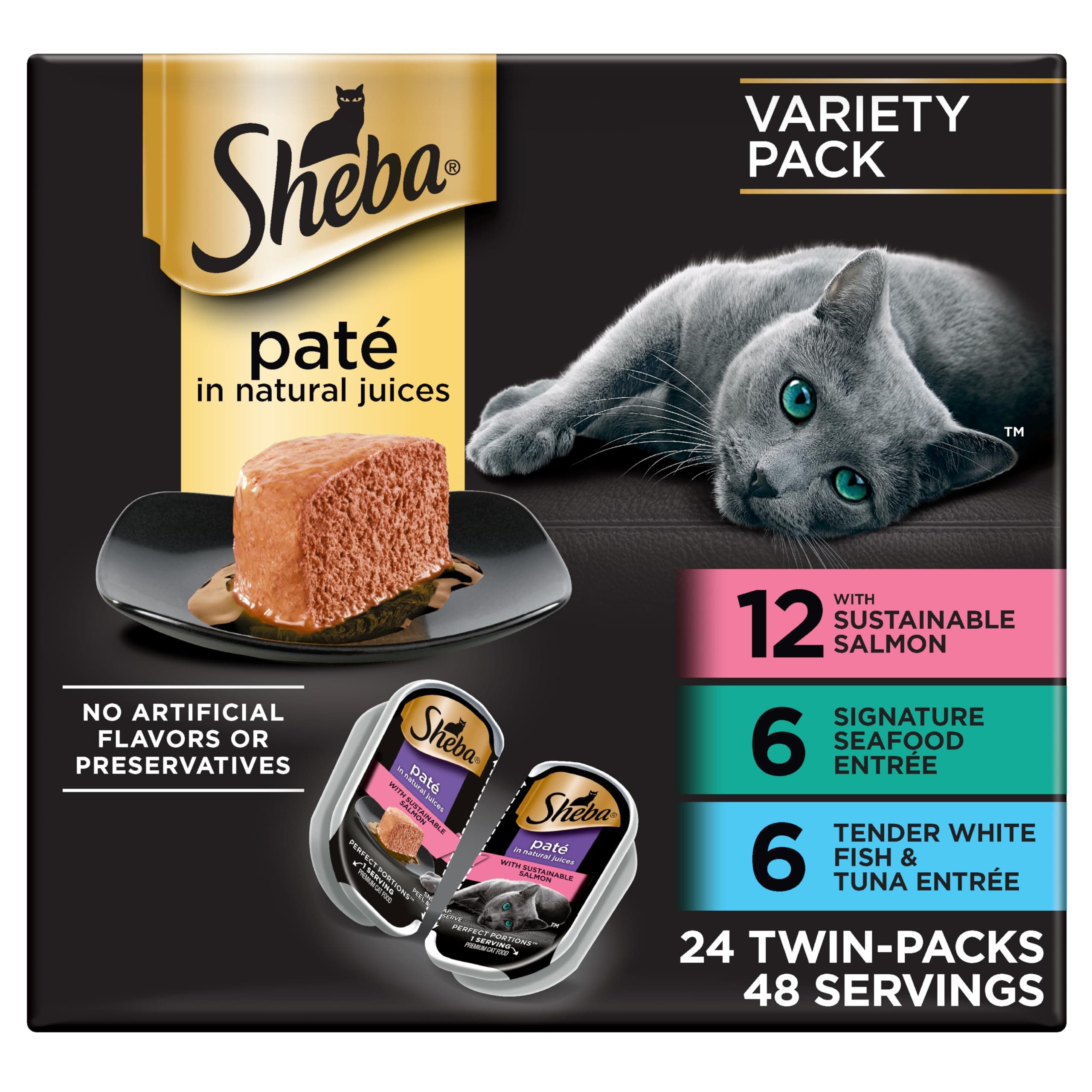 Sheba Perfect Portions Comida Húmeda para Gatos Pate con Salmón Sostenible, Entrada de Mariscos Exclusiva, y Entrada de Pescado Blanco y Atún Tierna Paquete Variado, 2.6 oz. Bandejas de Doble Paquete (24 Conteo, 48 Porciones) Mariscos 24 conteo (Paquete de 1)