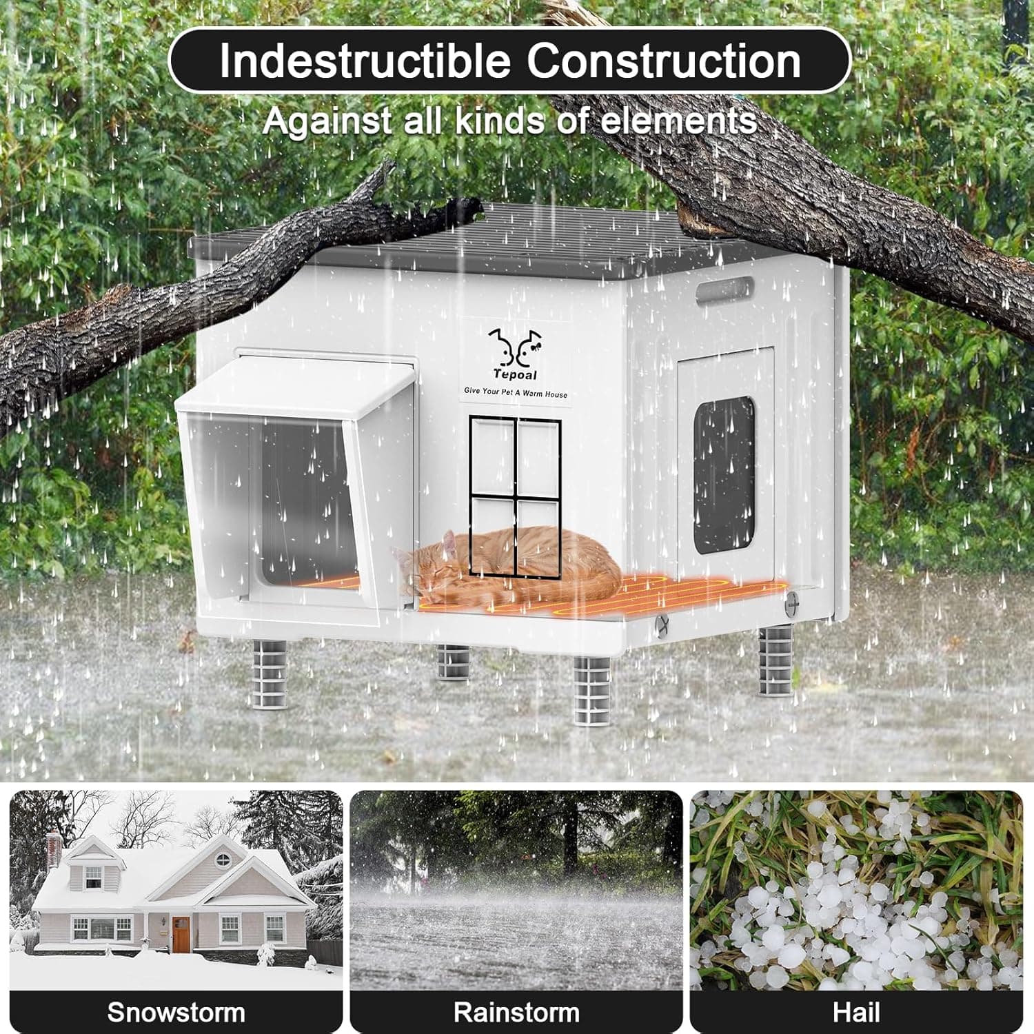 Heated Cat House for Outside, High Insulated Heated Outdoor Cat Shelter 100% Weatherproof with Escape Door, Elevated Outdoor Cat House with Heater for Feral Stray Barn Cat Kitty 17.7"x17"x17.5" Size 17.7" X 17" X 17.5" - Image 5