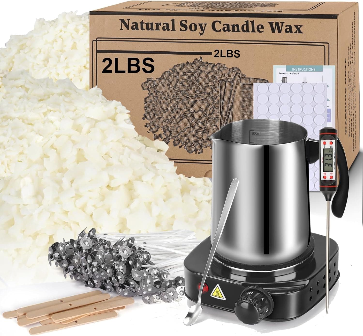 Soy Wax Candle Making Kit Supplies With Wax Melter, Natural Candle Wax For Candle Making, DIY Art&Crafts Kit for Adults,Beginner, Including 2lbs Soy Wax Flakes, Electric Stove,CandleWick,Melting Pot 2lbs with melter - Image 2